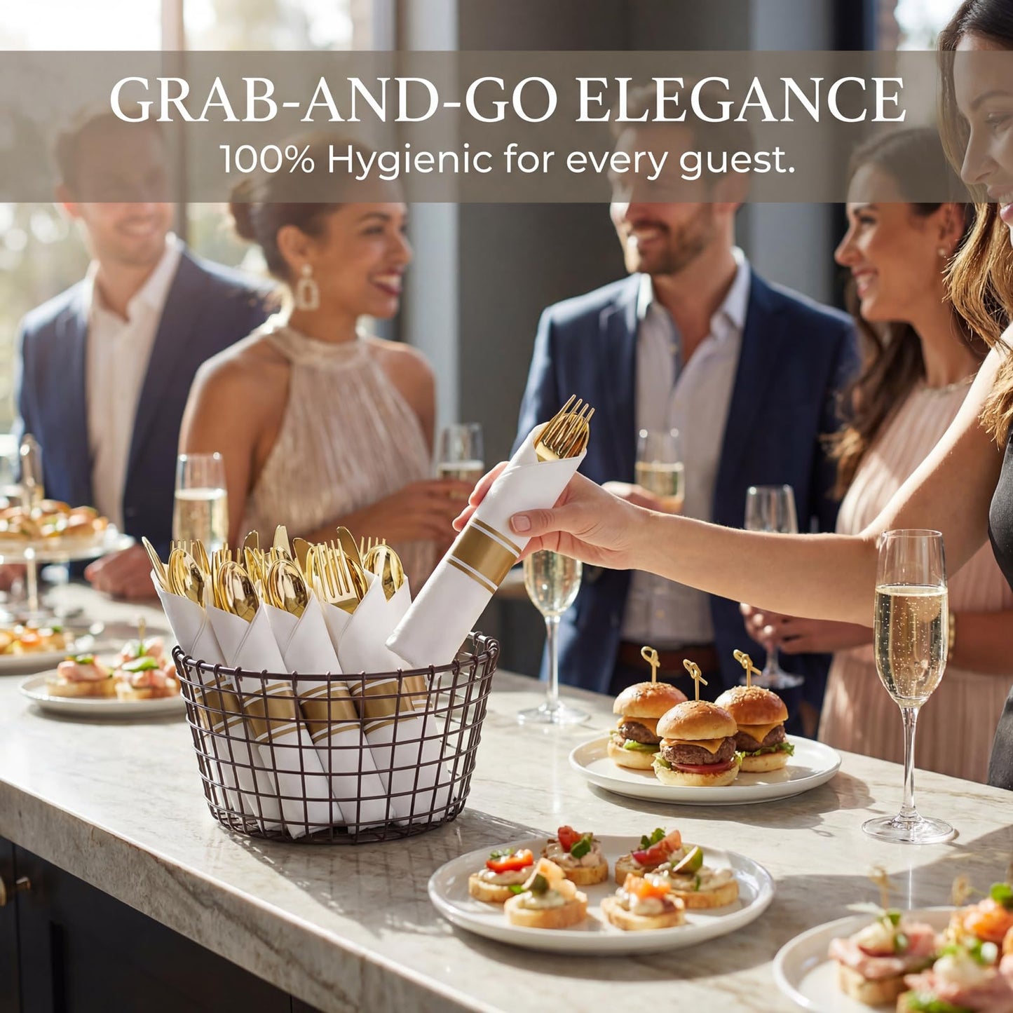 Liacere 100Pack Pre Rolled Gold Silverware and Napkin-Disposable Gold Plastic Utensils-Wrapped Plastic Cutlery Set with Napkin:100 Forks,100 Knives,100 Spoons,100 Napkins for Wedding & Graduation