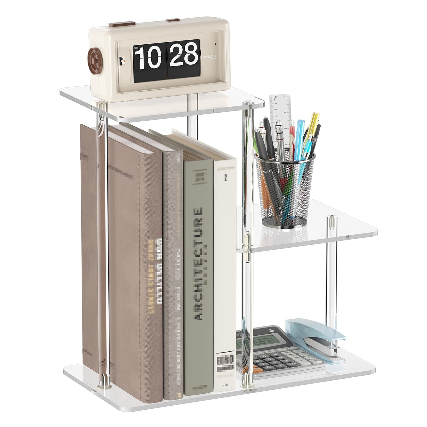 CRTERICX Acrylic Desktop Bookshelf, 7.9" D x 15" W x 15.3" H, Small Desktop Shelves Organizer, 3-Tier Clear Mini Table Top Shelf for Office Supplies and Desk Accessories, Easy Assembly