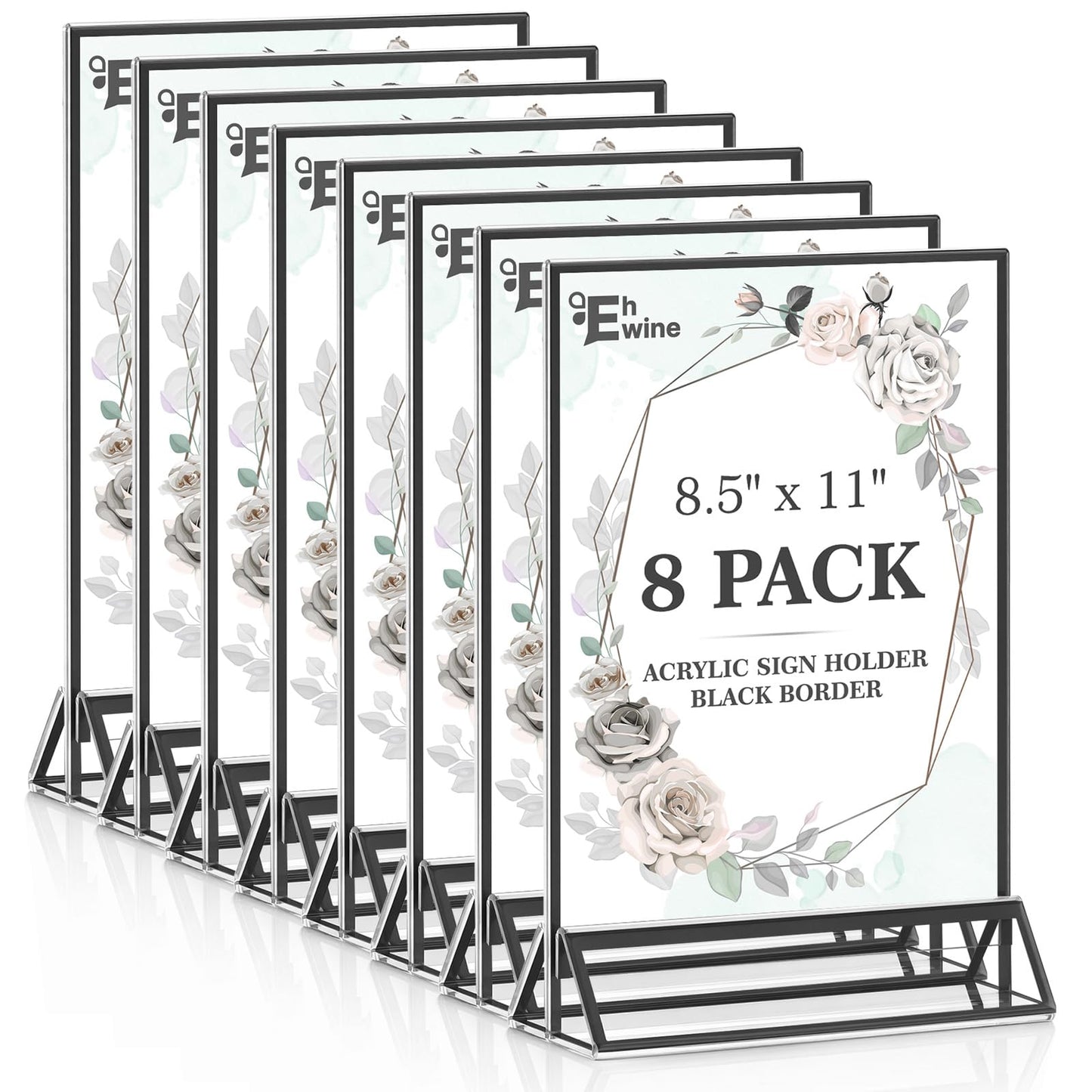 EHWINE 8 Pack Acrylic Sign Holder 8.5 x 11, Double Sided Black Picture Frame Stand up Table Top Sign Holders, Clear Display Stand Menu Flyer Holder for Wedding Party (Provide Non-slip Mats)