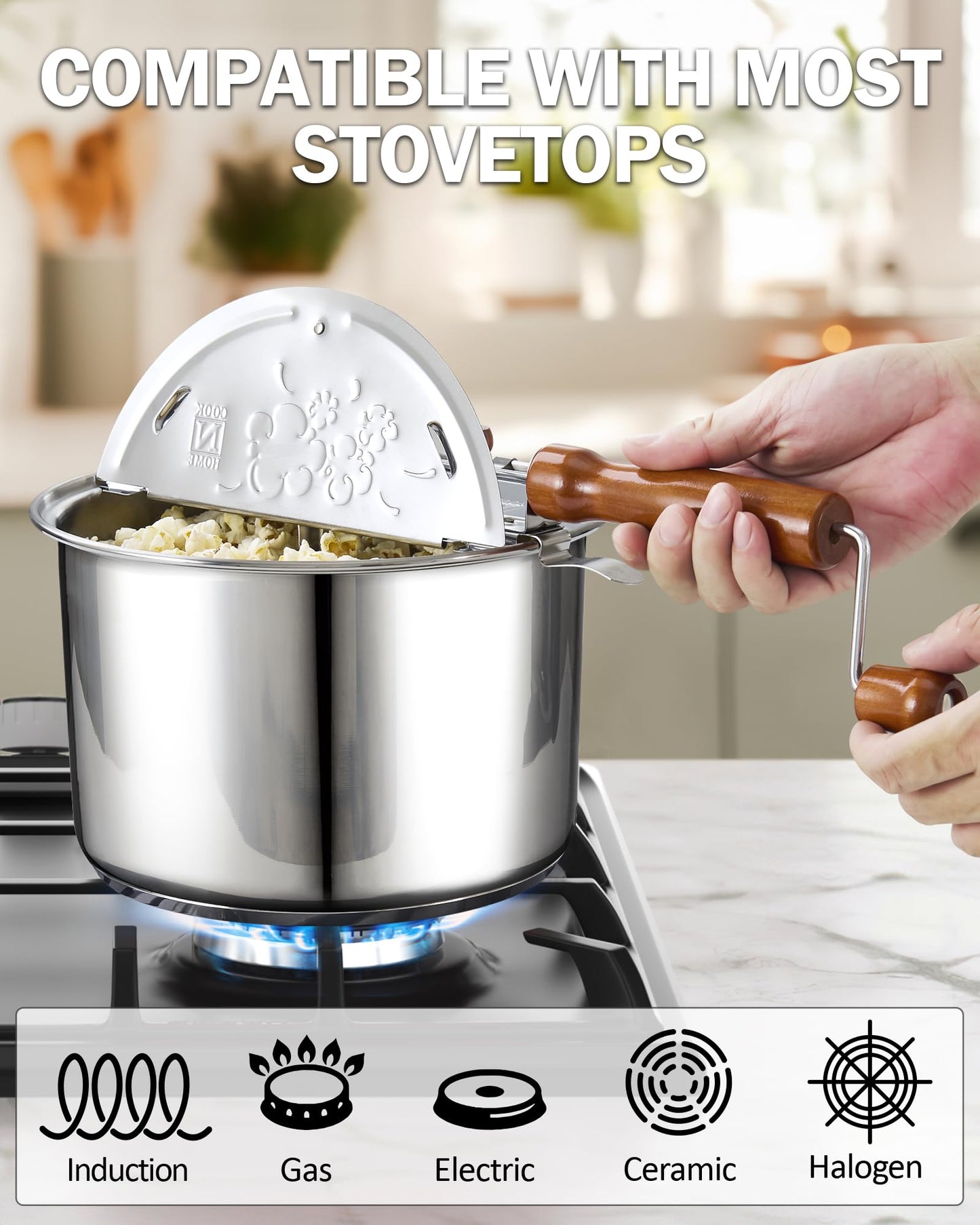 Cook N Home Basics 6 Quart Stovetop Popcorn Popper with Crank, 3-Minute Stirring Popcorn Maker, Stainless Steel Popcorn Pot with Metal Gears
