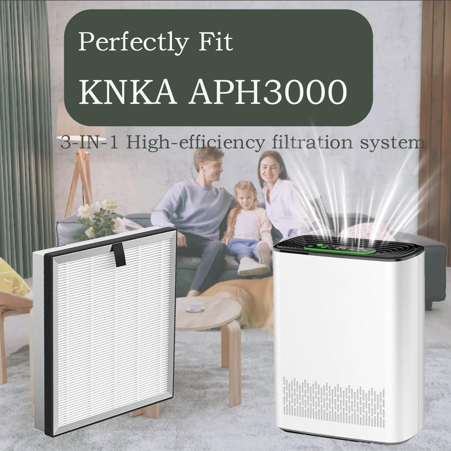 APH3000 Replacement Filter for KNKA APH3000 Air Purifier with 3-IN-1 True HEPA and Activated Carbon, 4 Pack aph3000 air filter for Dust, Pet Hair, etc