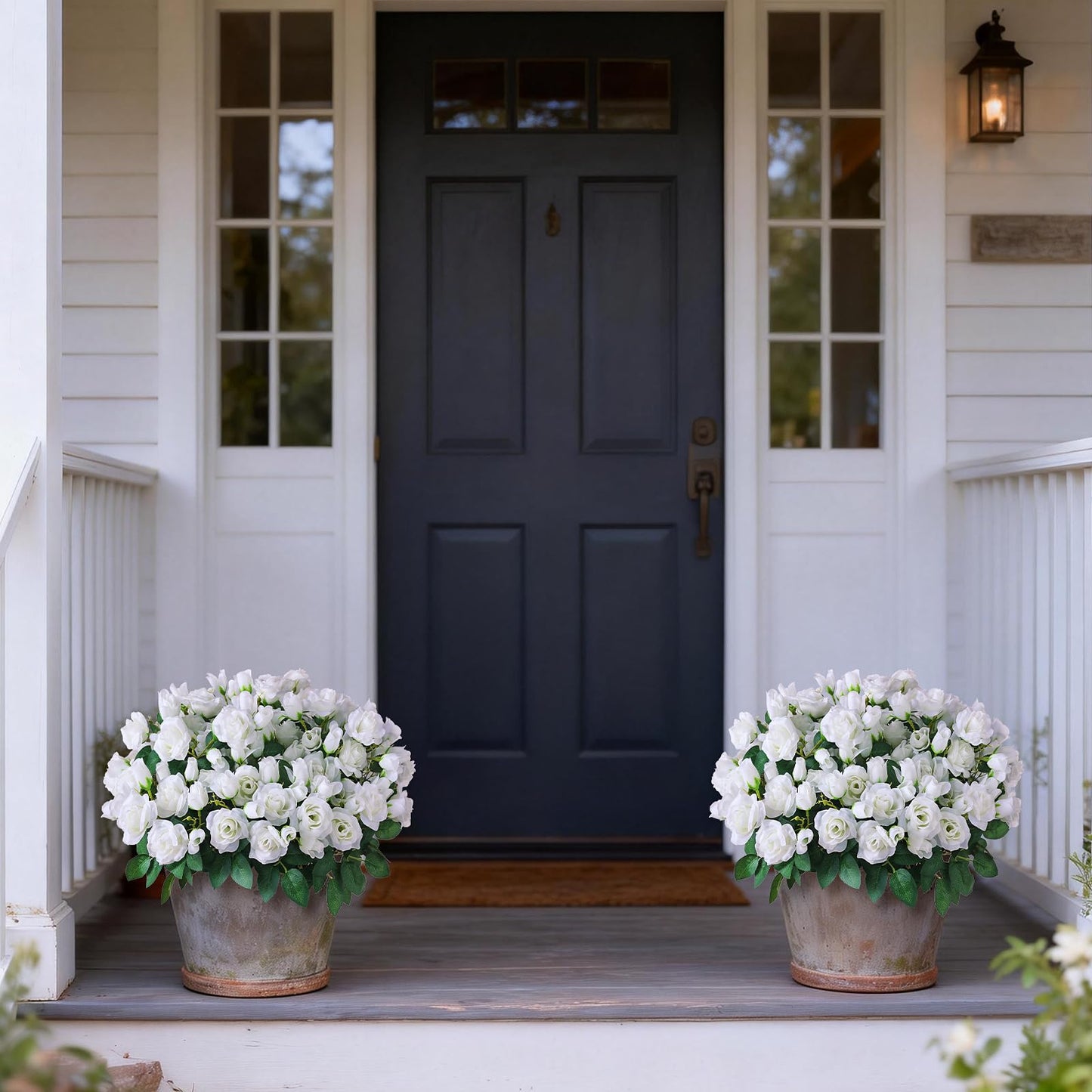 Juxdp 2 Set of Artificial Rose Topiary Trees - Faux Silk Flower Potted Plant, UV Resistant Fake Outdoor Rose Bush for Front Door, Farmhouse, Porch, Garden Decor (White)