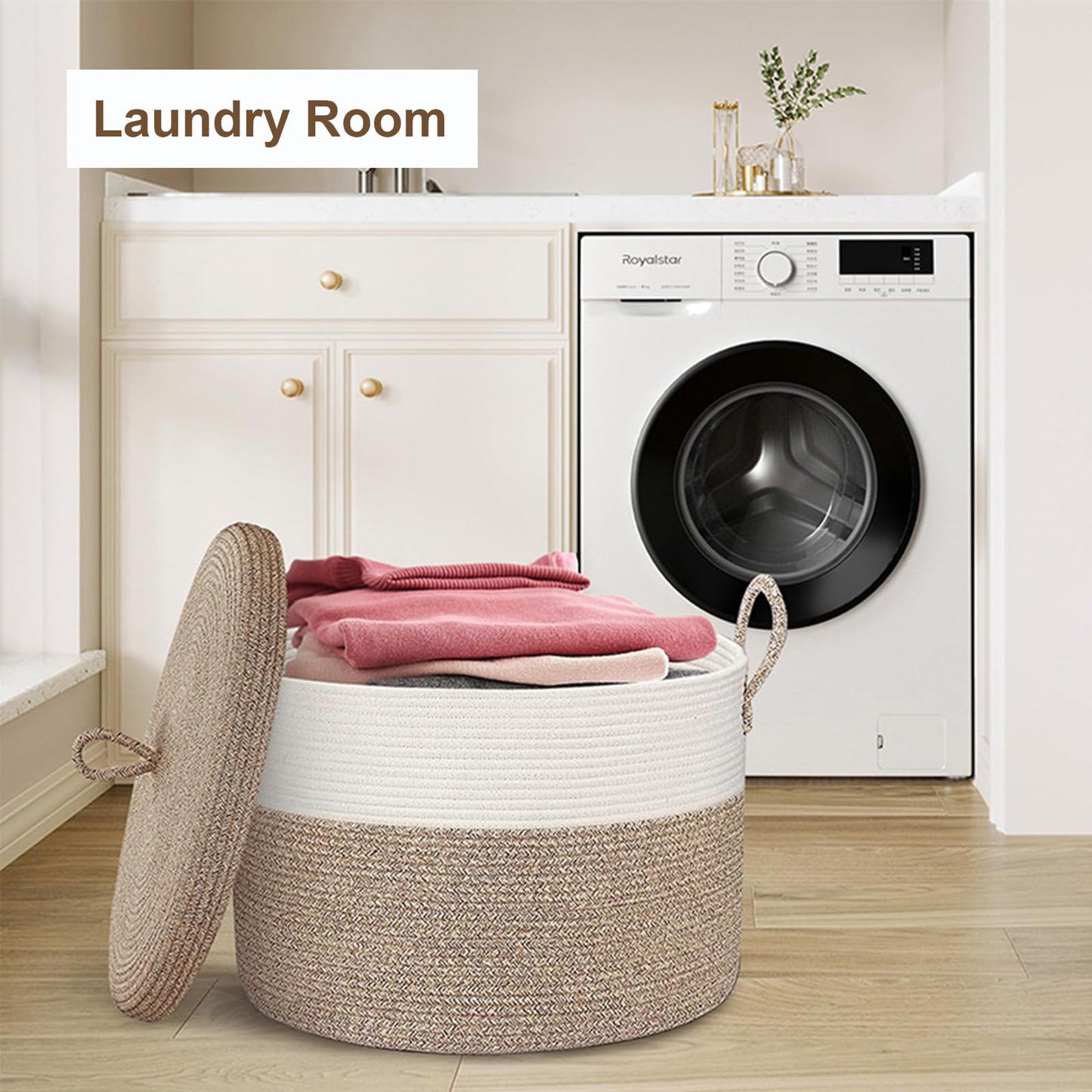 Echueuey 21" x 18" Extra Large storage baskets,Decorative blanket basket with lid for Living room,rope baskets with lid,wicker hamper for bedroom,Big,Round,White & Brown 115L