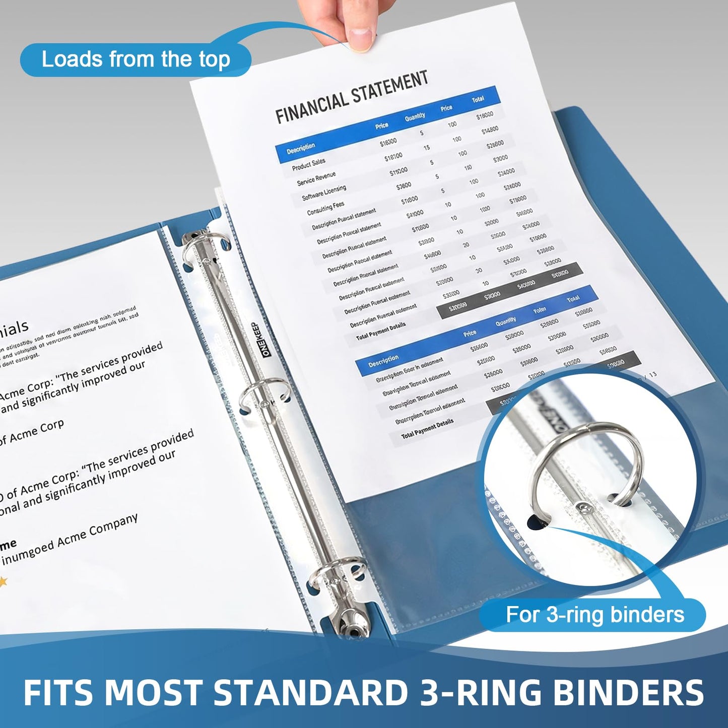 ONEKEEP 500 Pack Sheet Protectors, Top Loading Reinforced 3-Hole Page Protectors for 3-Ring Binders, Fits 8.5" x 11" Letter Size Paper – Perfect for Documents & Photos, Back to School Office Supplies