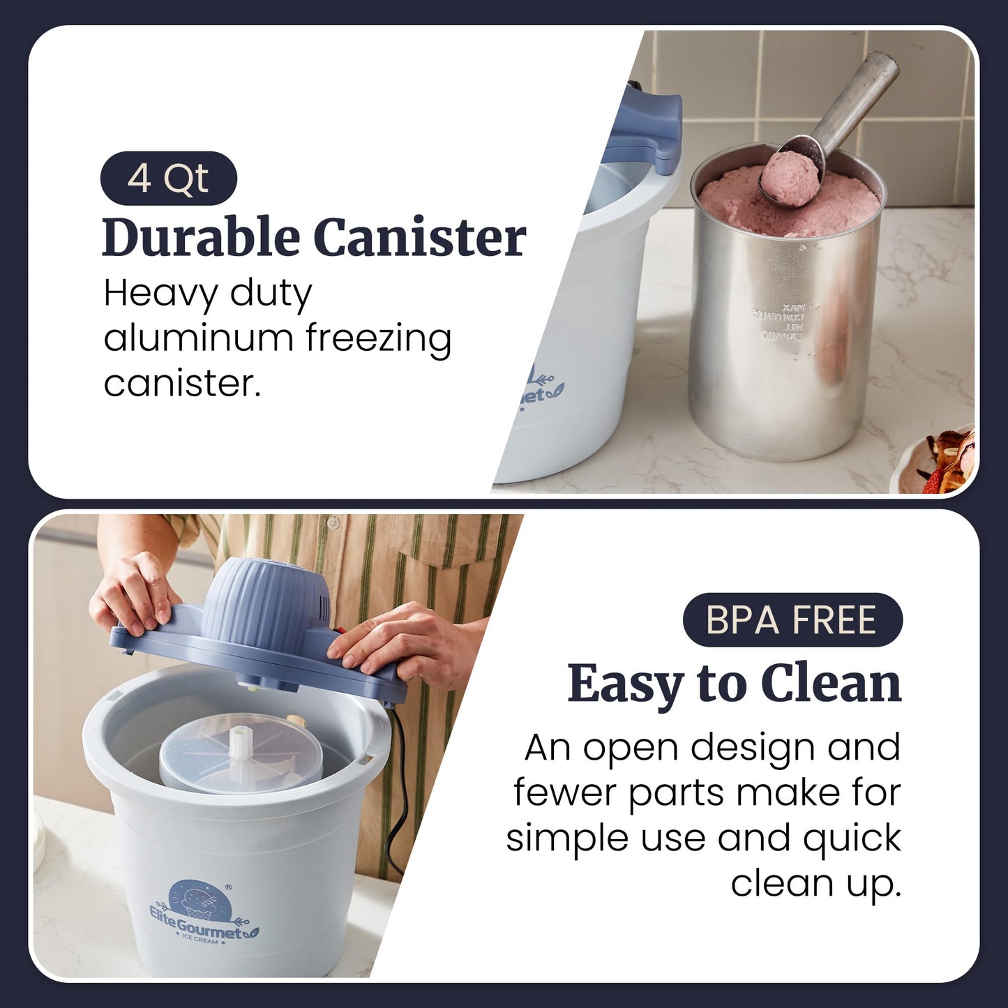Elite Gourmet 4Qt Electric Ice Cream Maker EIM350 Delicious Homemade Ice Cream, Gelato, Sorbet, Frozen Yogurt, 4Qt Aluminum Freezing Cannister, Durable Plastic Ice Bucket, Powerful 50W, Periwinkle