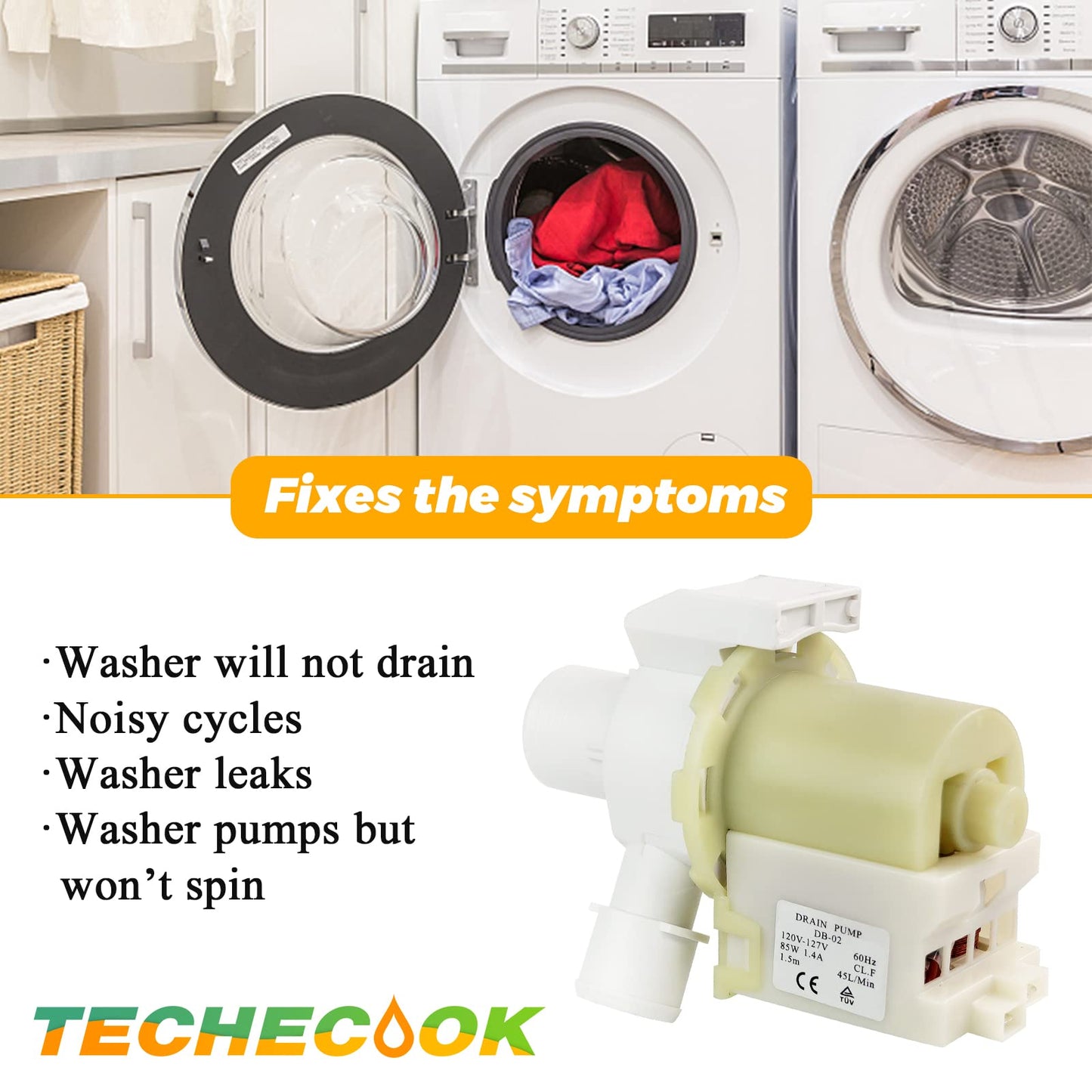 WH23X10030 WH23X10013 Washer Drain Pump by Techecook - Compatible with Hotpoint GE Washing Machine WH23X10013 WH23X0081 WH23X0091 WH23X0092 AP5803461 3015301 PS271333 J27-769 TRUCK TRUCK-1 Drain Pump