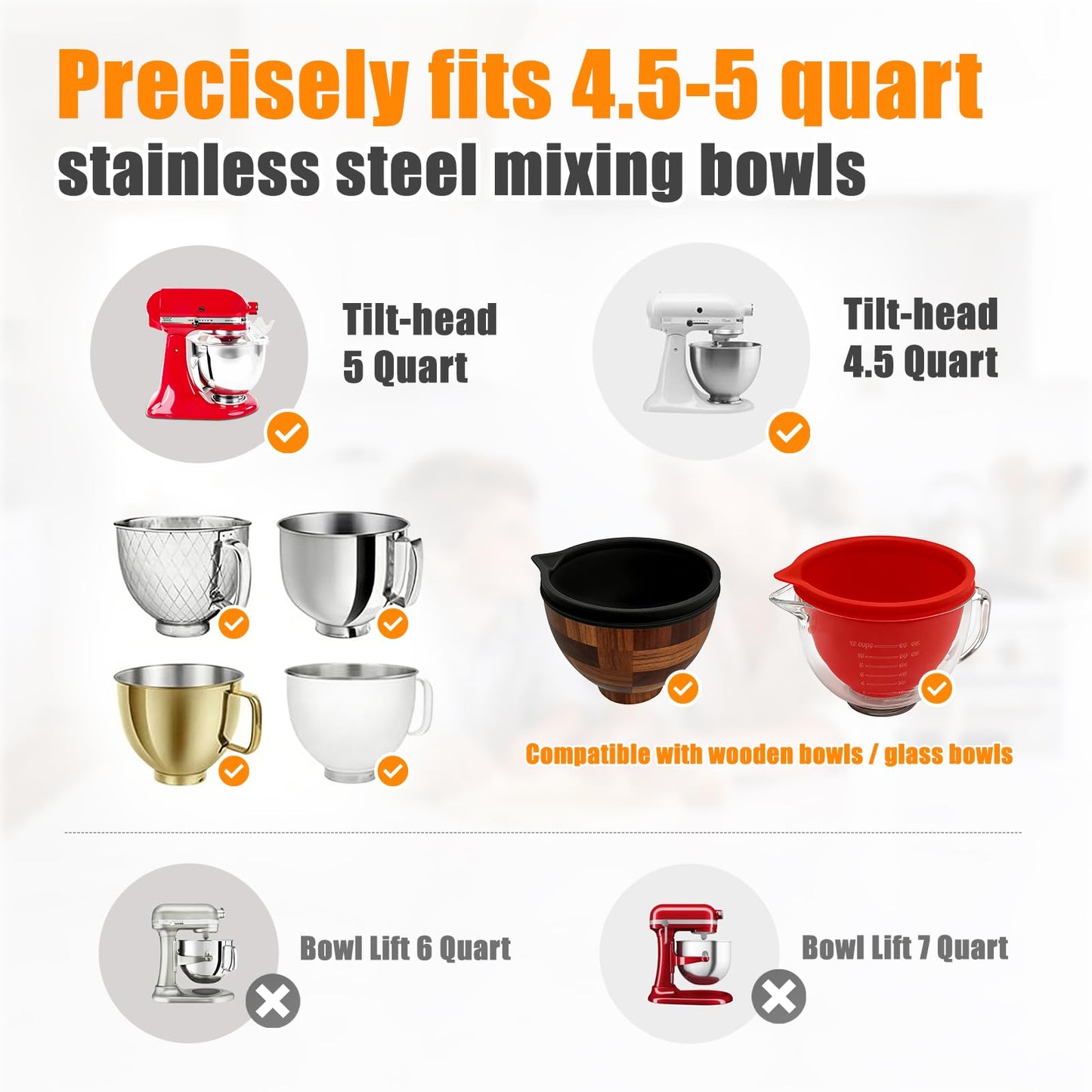 Silicone Liners Compatible with KitchenAid 4.5-5 Quart Tilt-Head mixer Bowl,2 Liners with Lids(White＋Red）