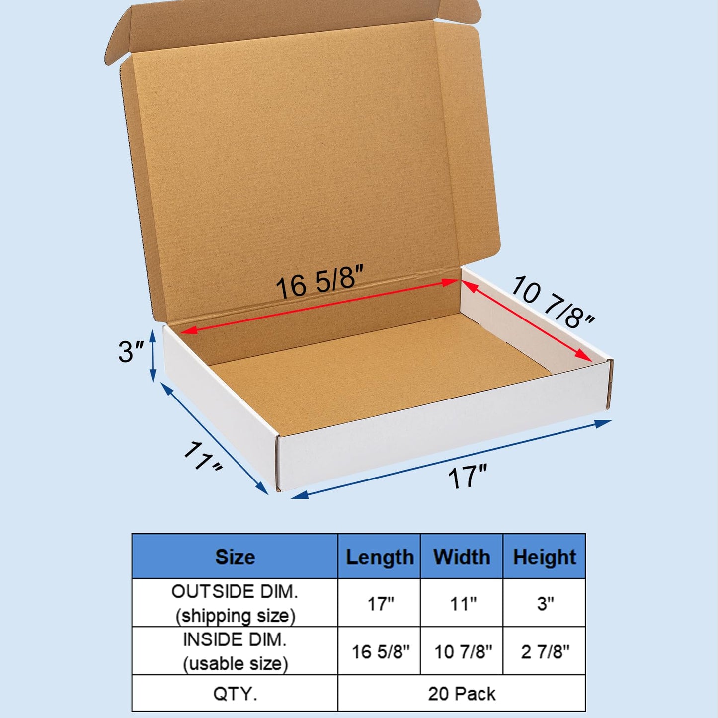Wowxyz 17x11x3" Shipping Boxes 20 Pack White Corrugated Cardboard Mailing Boxes for Small Business - Flat Literature Mailer Packaging Supplies