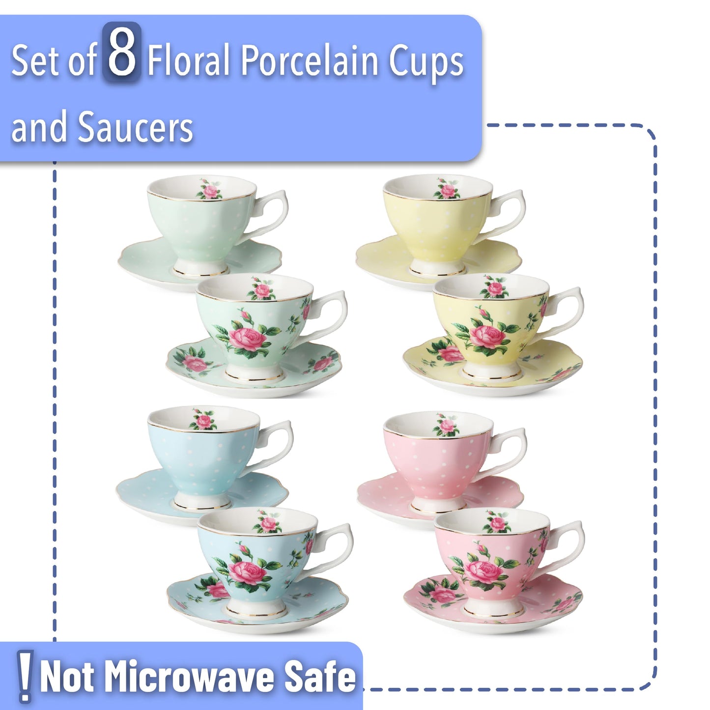 BTaT- Floral Tea Cups and Saucers, Set of 8, 8 oz, Fine Porcelain Teacup Set with Gold Trim for Afternoon Tea, Weddings, Parties & Gifting, Dishwasher Safe, Lightweight, Non-Toxic