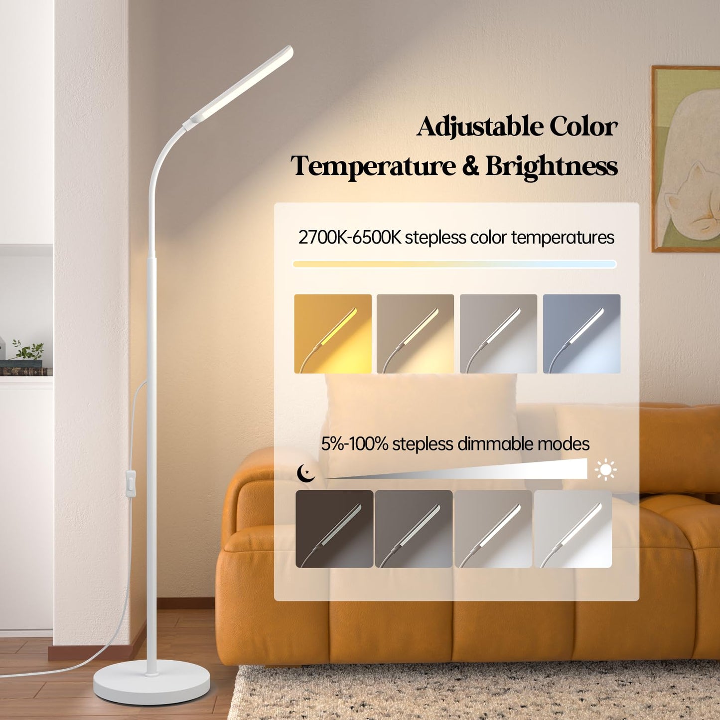 Aisutha LED Floor Lamp, 18W Super Bright Floor Lamp for Living Room, Adjustable Stepless Colors & Brightness Standing Lamp, Eye Caring Reading Light with Remote (White)