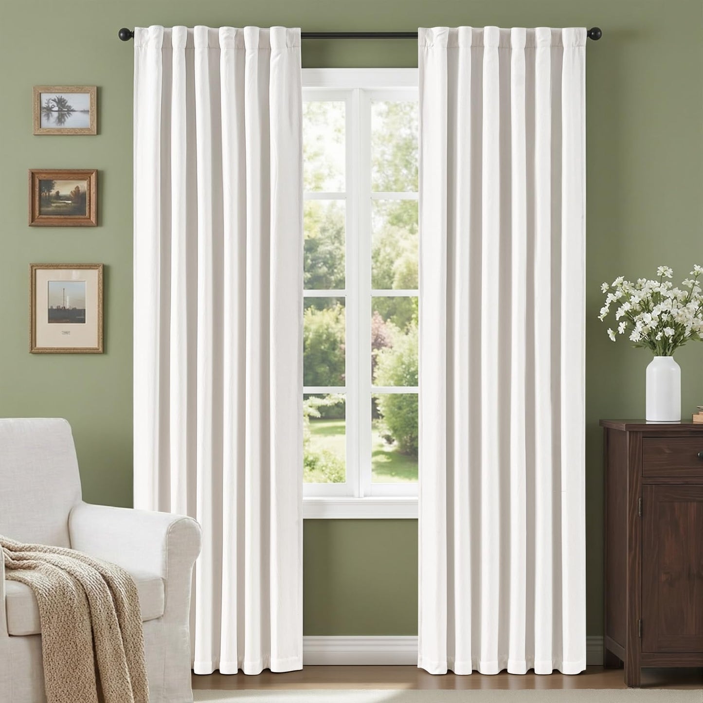 100% Blackout Curtains for Bedroom Decor White Linen Textured Curtains with Liner Insulated Thermal Curtains for Living Room 84 Inch Long 2 Panels Noise Reducing Blackout Drapes Back Tab Window Drapes