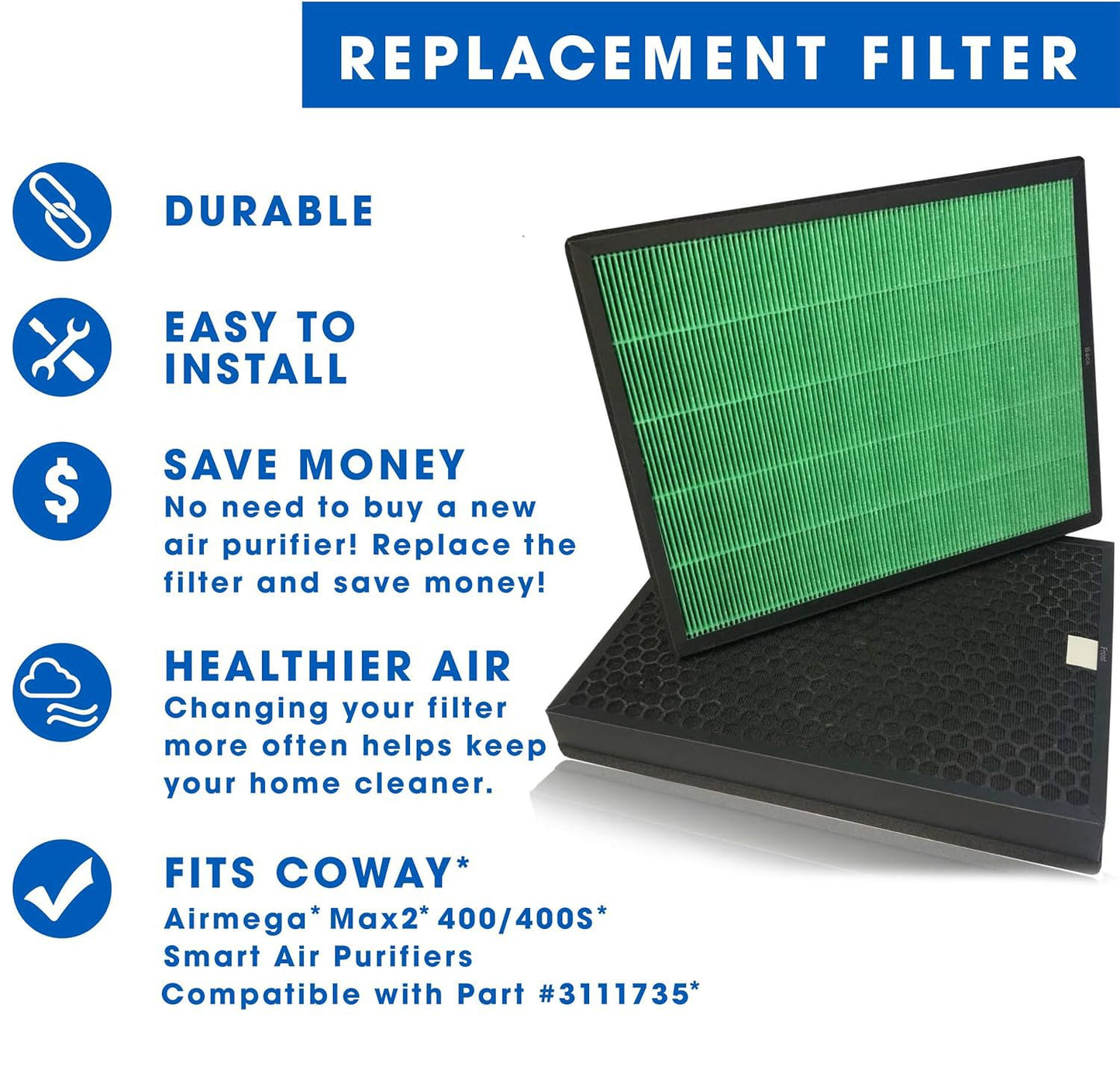 Trendiees Filter Replacement Compatible with Coway Airmega 400, Air Purifier 400S 400(G) 400S(G) Max2, True Green HEPA and Active Carbon Filter Set Smart Purifiers, AP-2015-FP