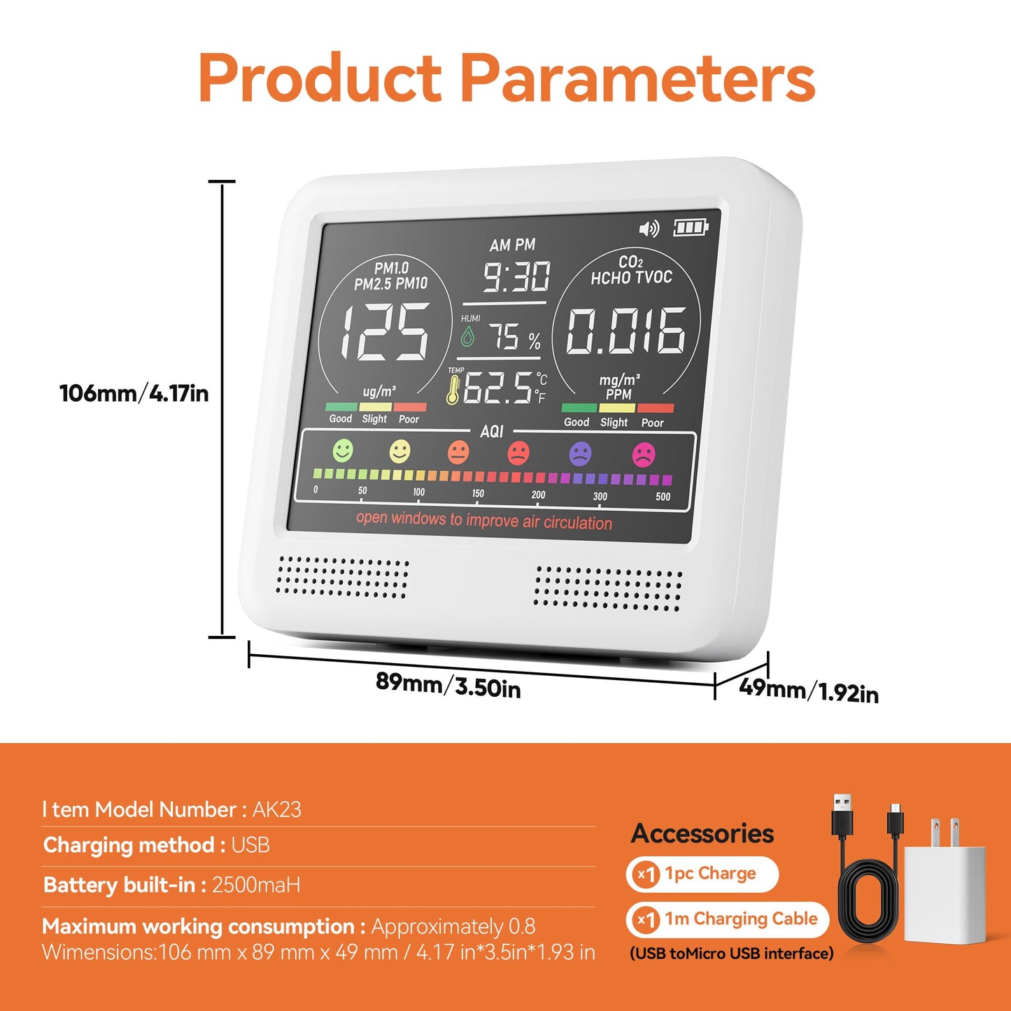 16-in-1 Indoor Air Quality Monitor with PM1.0,PM2.5,PM10,CO2,HCHO,TVOC,Temperature,Humidity,Time Display &7 AQI Alarms – Professional Air Quality Tester for Home, Office & Indoor Use (Creamy White)