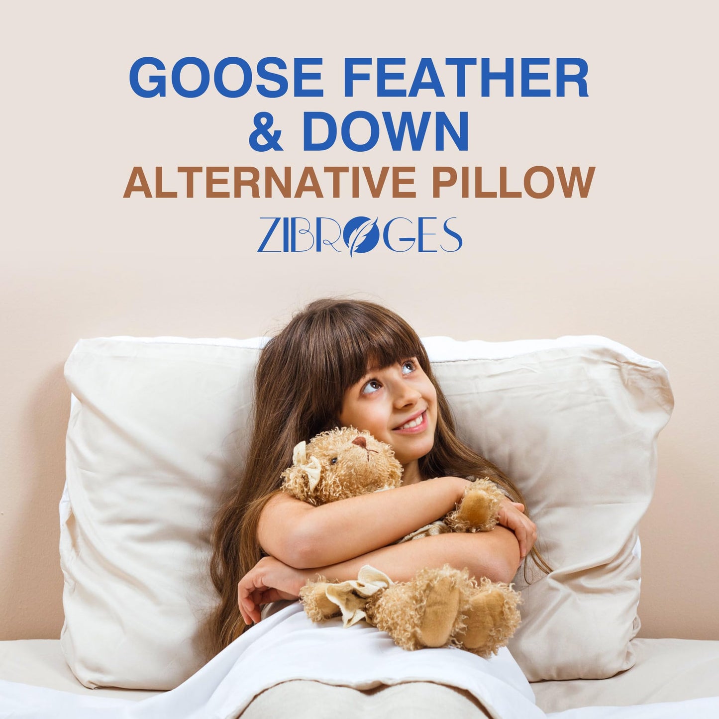 zibroges Feather Pillows Queen Size Set of 2 - Goose Down Hotel Bed Pillow for Sleeping, Soft 600 Thread Count Cotton Cover, Fluffy Support Surround Fill Polyester for Side, Back and Stomach Sleepers