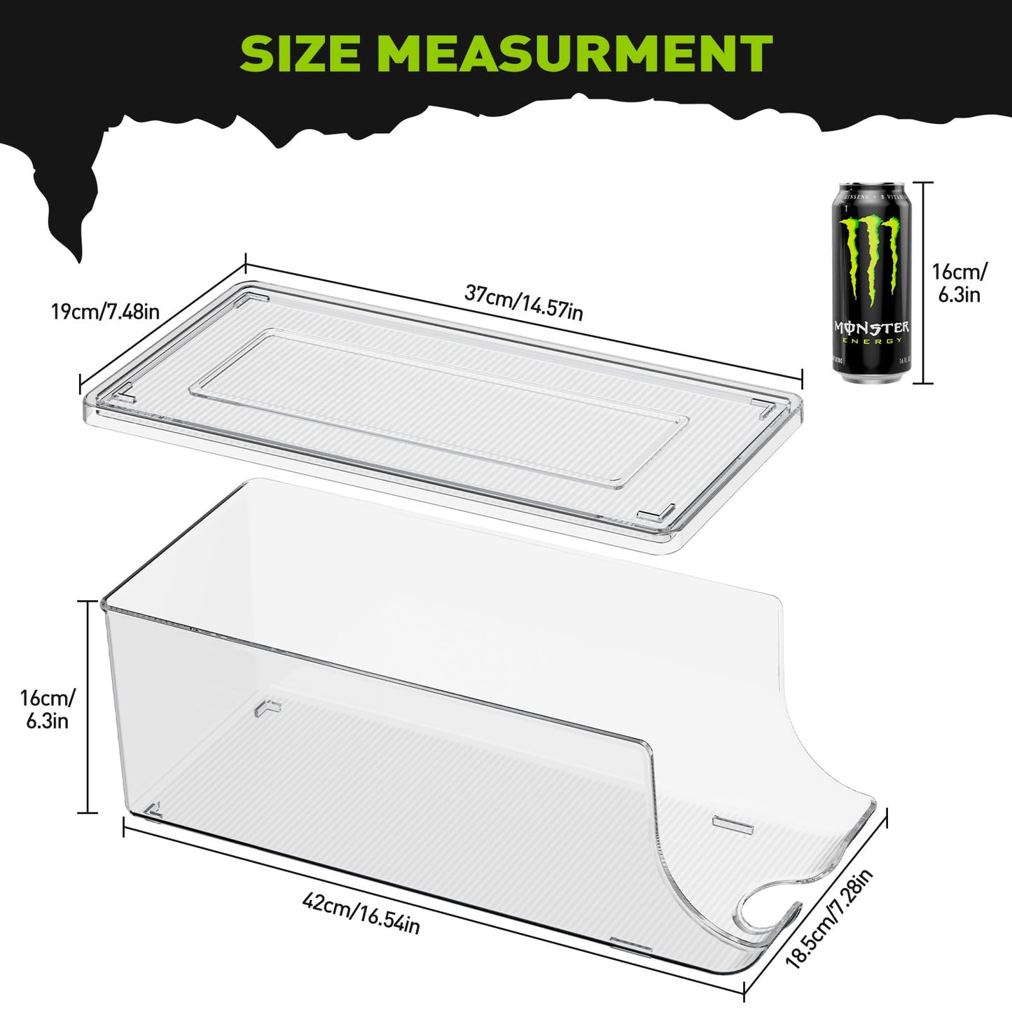 SCAVATA 2 Pack Tall Skinny Can Organizer for Refrigerator, Stackable Large Soda Cans of 16oz & 17oz Beverage Energy Drink Container Holder Dispenser with Lid for Fridge, Clear Storage Plastic Bins