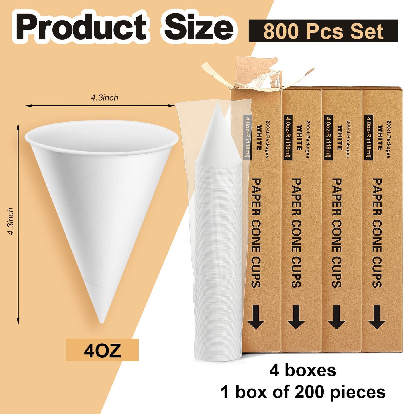 Roshtia 800 Pcs Paper Cone Cups Thicken Disposable Cone Cups for Shaved Ice, Slushies Water Cooler Dispenser, White (4 oz)