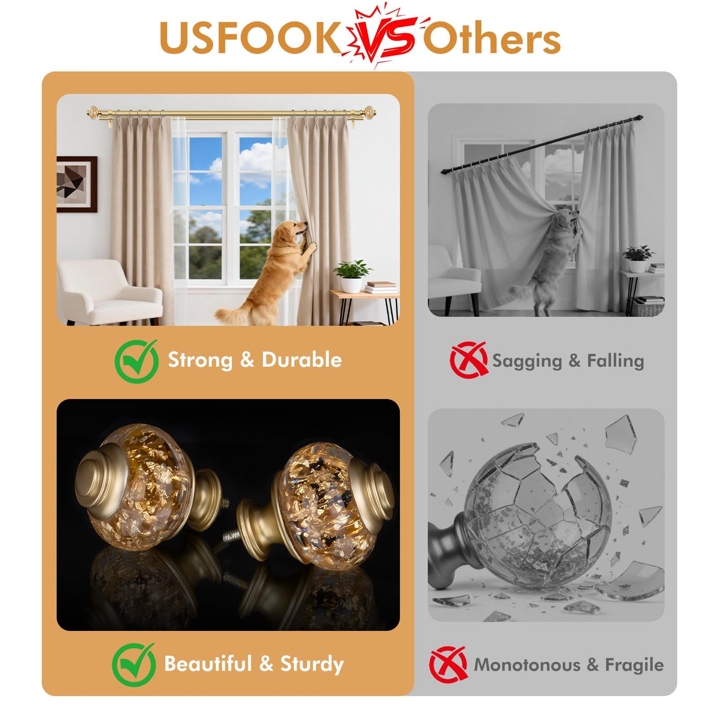1 Inch Luxury Gold Double Curtain Rods for Windows 66 to 120 Inches(5.5-10ft), USFOOK Adjustable Heavy Duty Drapery Rods, Telescoping Dual Curtain Rod with Translucent Finials, Wall Mounted