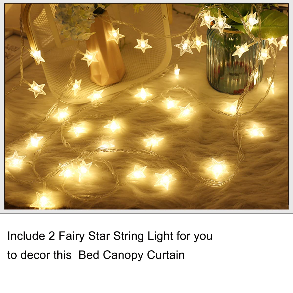 Akiky Princess Canopy Bed Curtains Bed Canopy Curtains with Lights for Queen Size Bed Drapes,8 Panels Canopies with Lights,Room Décor (Full/Queen, White)