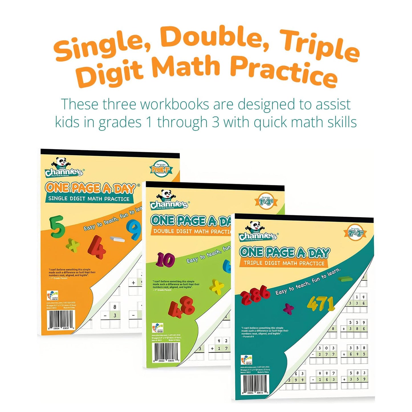 Channie’s One Page A Day Single, Double & Triple Digit Math Worksheets for Pre-K to 3rd Grade Kids, Addition & Subtraction Workbook, Easy Tear-Off Pages, 3 Pack for Daily Practice