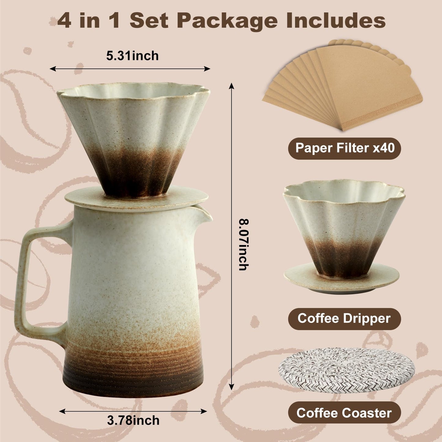 LEIJOCO Pour Over Coffee Maker, Ceramic Coffee Dripper with 40pcs V02 Paper Filter & Coaster, 18.2oz/540ml Flower Shape Pour Over Coffee Filter set (Brown Gradient Set)