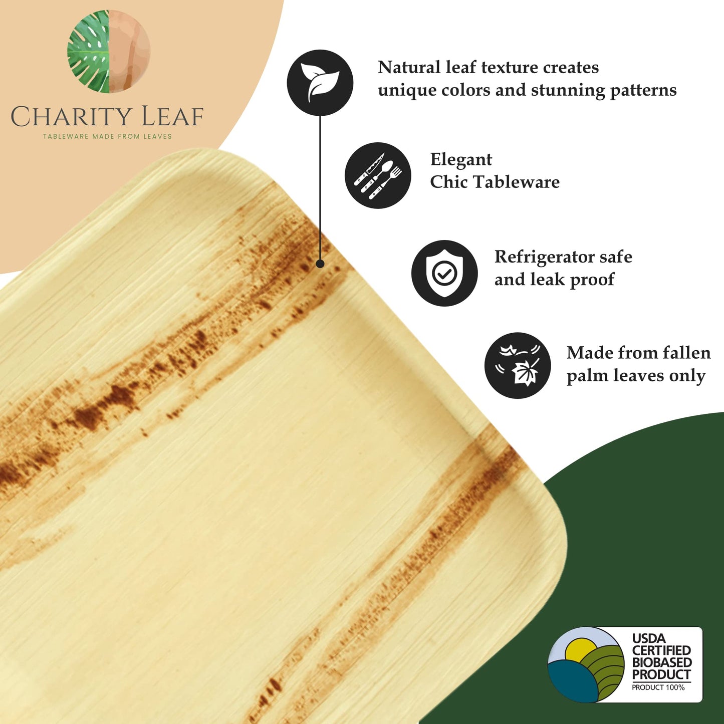 Charity Leaf Disposable Palm Leaf 14" x 10" Trays (10 pieces) Bamboo Like Serving Platters, Disposable Boards, Eco-Friendly Dinnerware For Weddings, Catering, Events