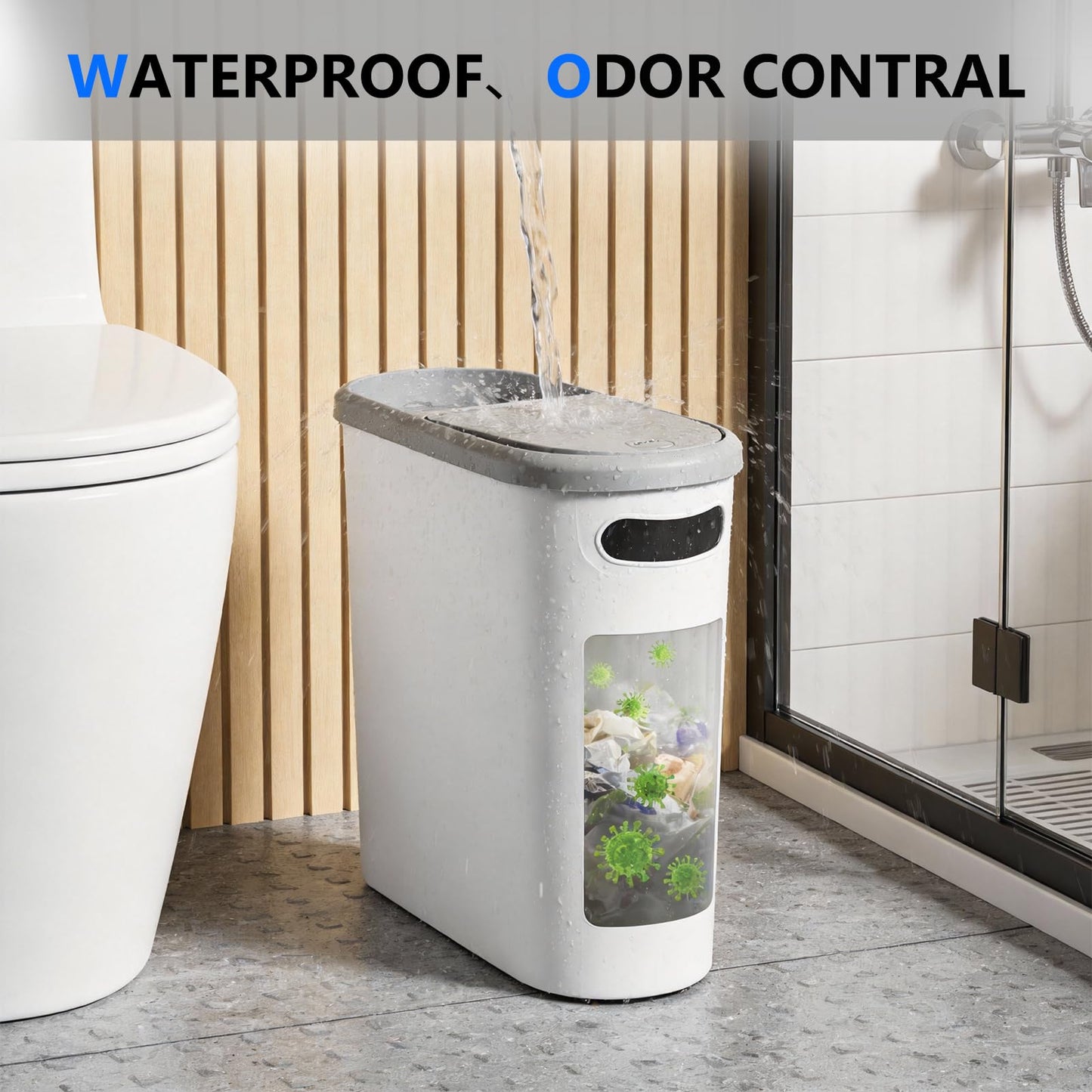 KOOMADE Bathroom Small Trash Can with Lid - 2PC 10 Liter/2.6 Gallon Plastic Slim Narrow Garbage Can with Pop-Up Lid, Space-Saving Trash Bin Waste Basket for Toilet, Bedroom,Kitchen,Craft Room,Office