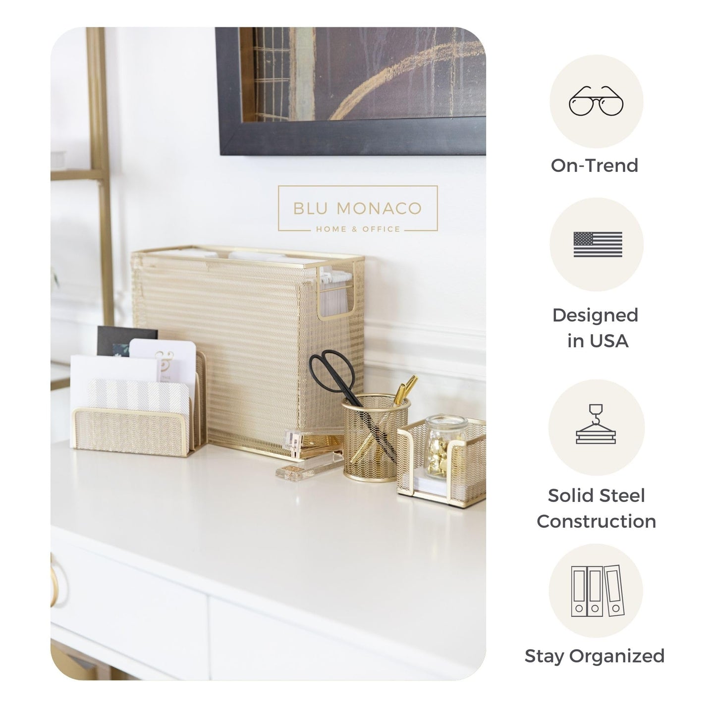 BLU MONACO | Gold Desk File Folder Organizer Set | Desktop Hanging File Organizer with Letter Size Holder | Hanging File Folders Organizer Office Accessories