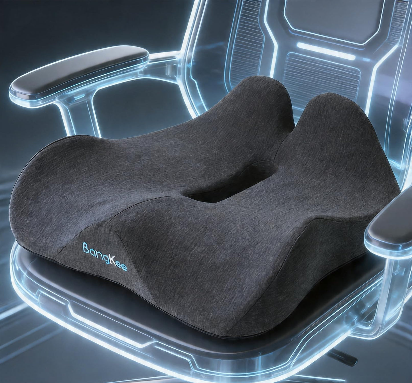 Bangkee 18x16 Inch Memory Foam Seat Cushion for Office Chair, Car & Travel, Ergonomic Chair Cushions for Long Sitting, Thick Supportive Seat Pad with Non-Slip Bottom, Washable Cover, Black