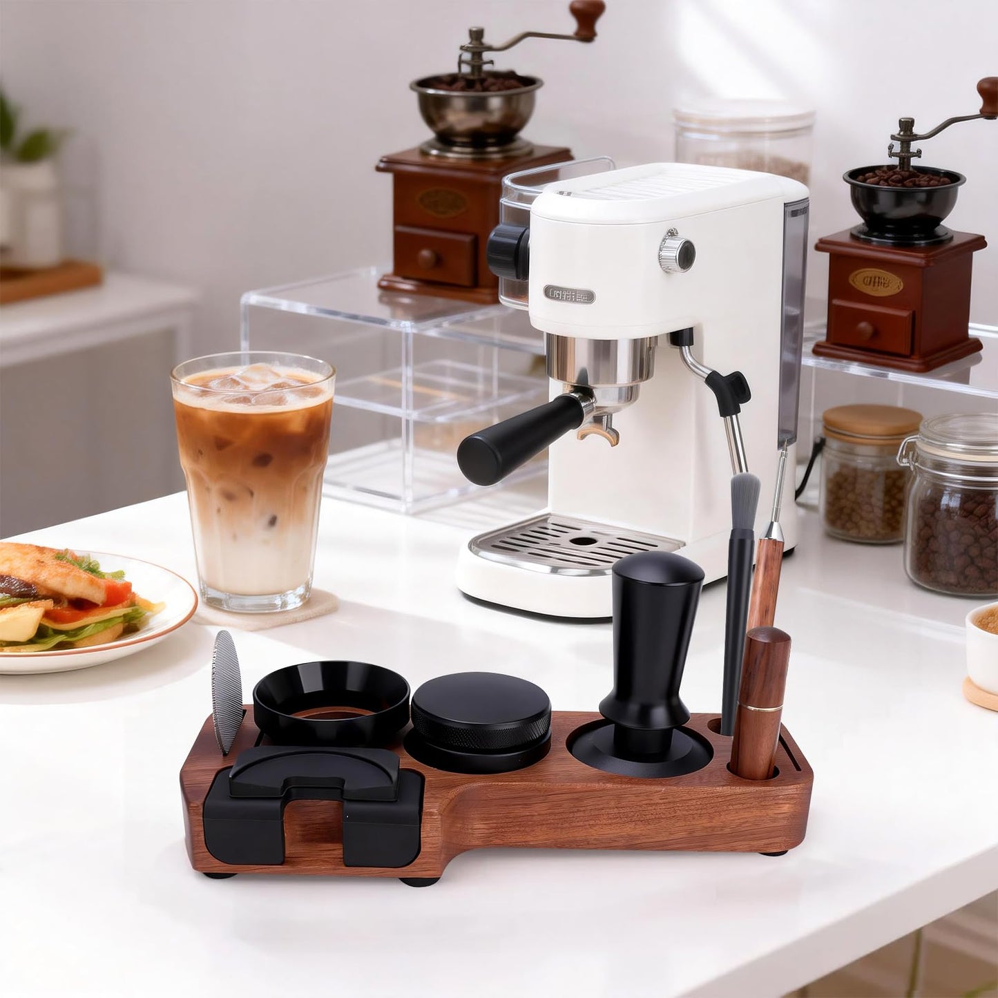 CEILUPY 9 Pack Espresso Tamper Station&Coffee Distributor Tamper&Espresso WDT Stirrer&Coffee Tamping&Brush&Coffee Dosing Funnel&Espresso Puck Screen, Latte Art pen and Towel (54 mm)