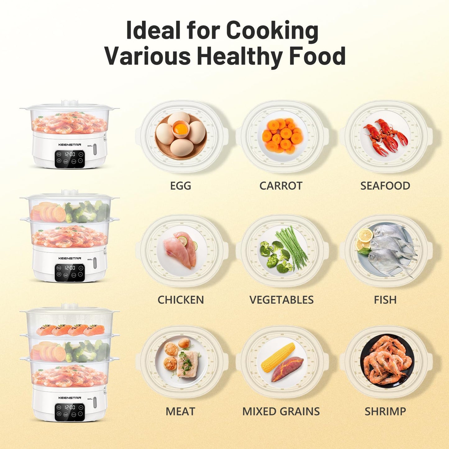 Electric Food Steamer, 13.7QT Vegetable Steamer with Stackable 3 Tiers BPA-Free Baskets, Digital Steamer with Appointment and Timer, 800W Simultaneous Cooking, Ideal for Veggies Seafood Rice White