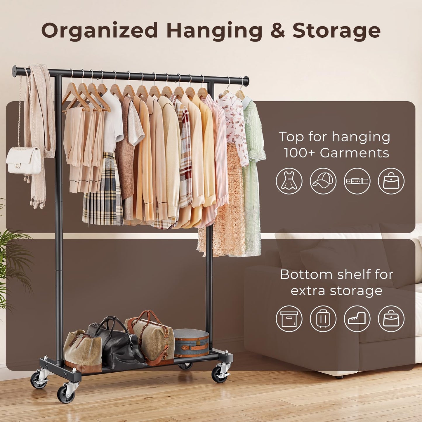 JIEJIERUI Clothing Rack for Hanging Clothes, 45" Wide Rolling Clothes Rack, Metal Garment Hanger Rack with Wheels, Portable Coat Rack Wardrobe Rack for Bedroom Laundry, Black