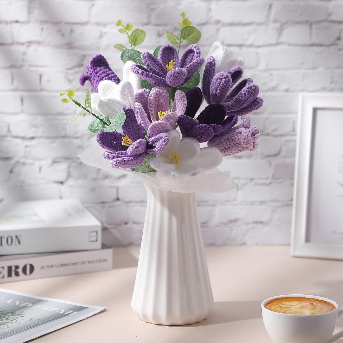 Juinte Mothers Day Crochet Flowers Bouquet Gift Completed Handmade Knitted Flowers with LED Lights Tulips Bouquet Gift for Mother Day Women Birthday Graduation Wedding Home(Purple)