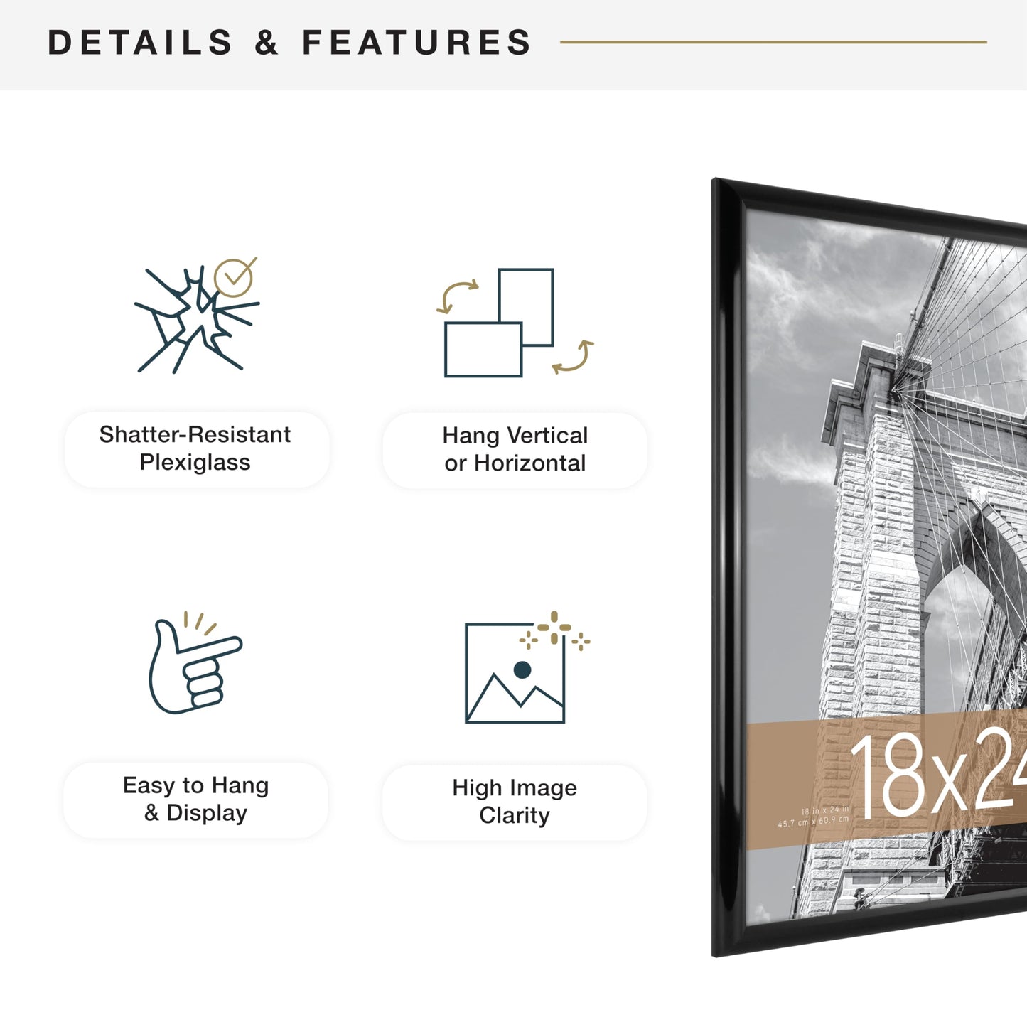 MCS Trendsetter 18x24 Poster Frame Black High-Gloss, Vertical & Horizontal Wall Hanging Large Picture Frame for Photos, Posters & Art Prints (2-Pack)