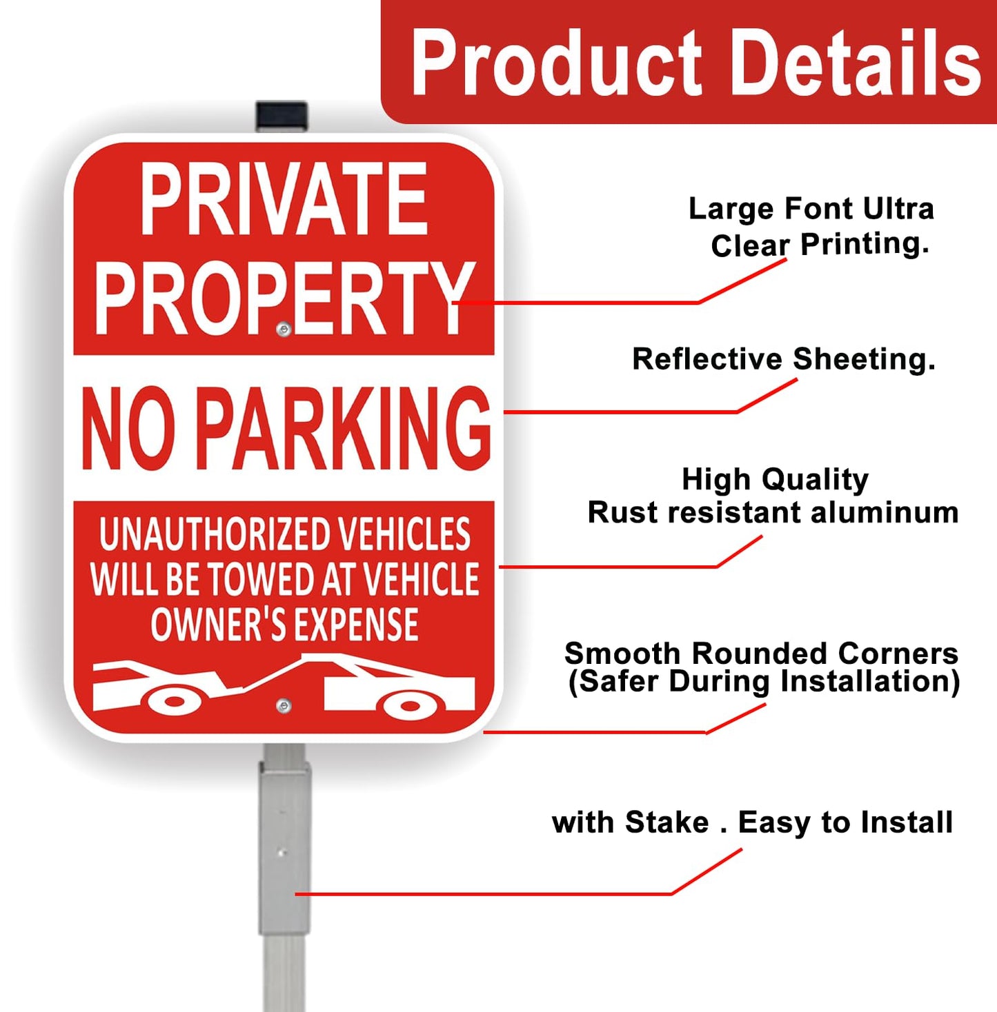 (3 Pack) Large Private Property No Parking Sign with Stake 36" Tall | 14" x 10" Vehicle Towed At Owner's Expense Sign, Reflective Rust Free Aluminum, UV Protected, Fade Resistance, Easy to install