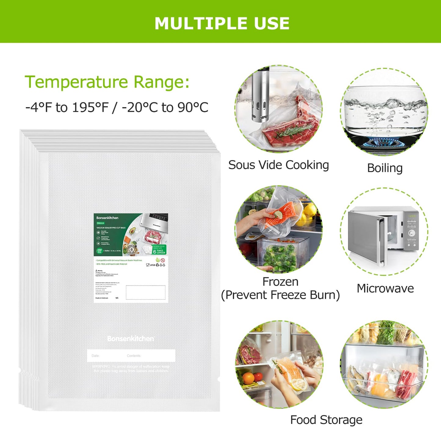 Bonsenkitchen Precut Vacuum Sealer Bags, 100 Gallon 11" x 16" Food Sealer Bags, Food Grade, BPA Free, Heavy Duty, Customized Vacuum Bags for Vac Storage, Meal Prep or Sous Vide Cooking, VB3214