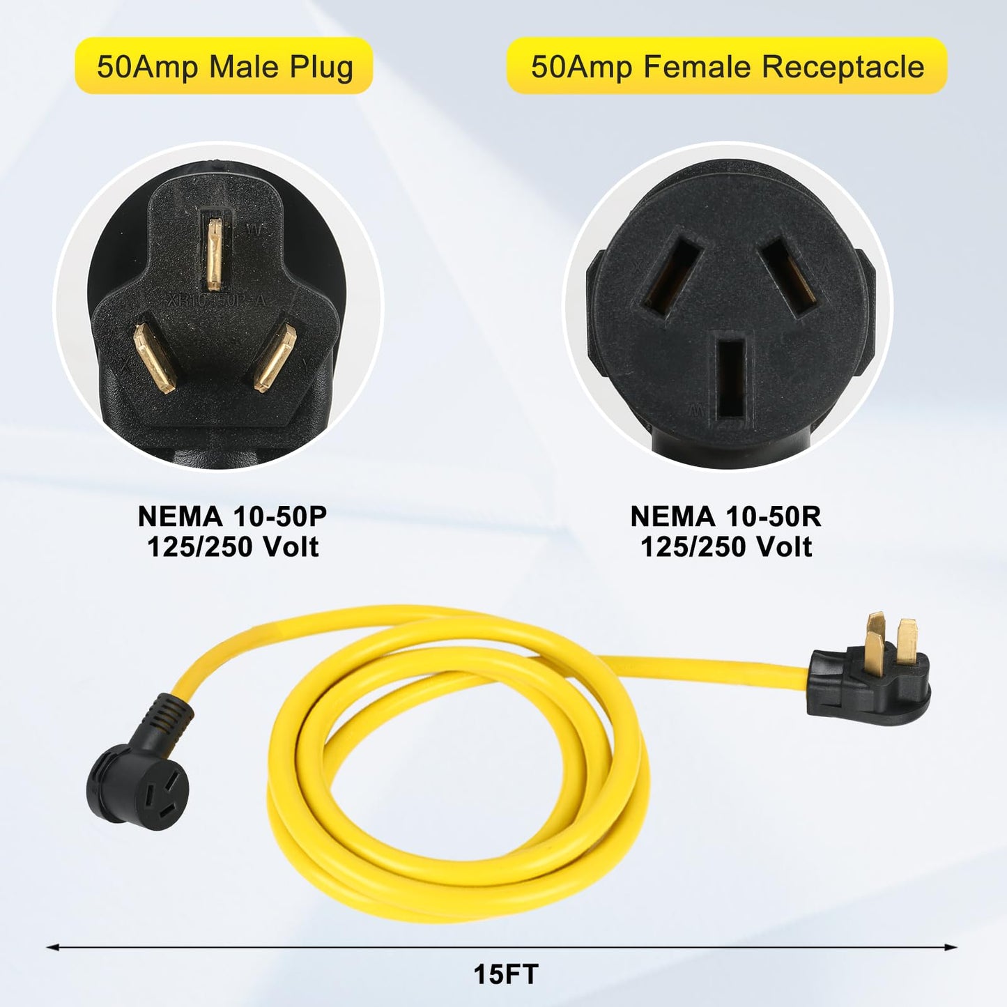 15FT NEMA 10-50P to 10-50R Extension Cord, ZDHQLHJ 3 Prong 10-50 Male Plug to 10-50 Female Receptacle Power Cord Adapter, for Industrial Dryer Welder Range Stove Oven, 50Amp, 250 Volts, 8AWG