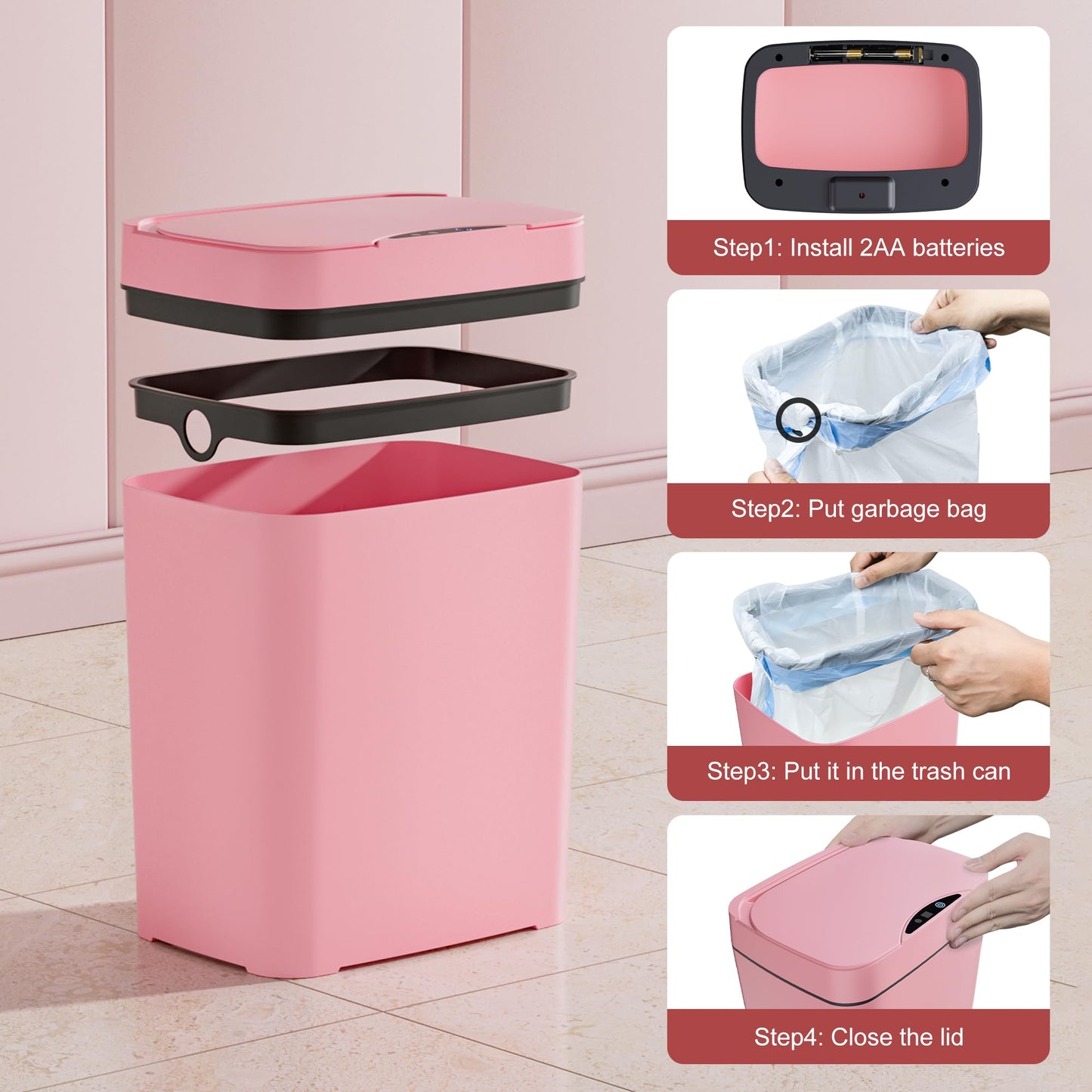 Vanpopubs 2 Pack 2.7 Gal Bathroom Trash Can with Lid, Automatic Trash Can Small Smart Garbage Can Touchless, Slim Motion Sensor Waterproof Plastic Trash Bins for Bedroom Office Kitchen Toilet Pink