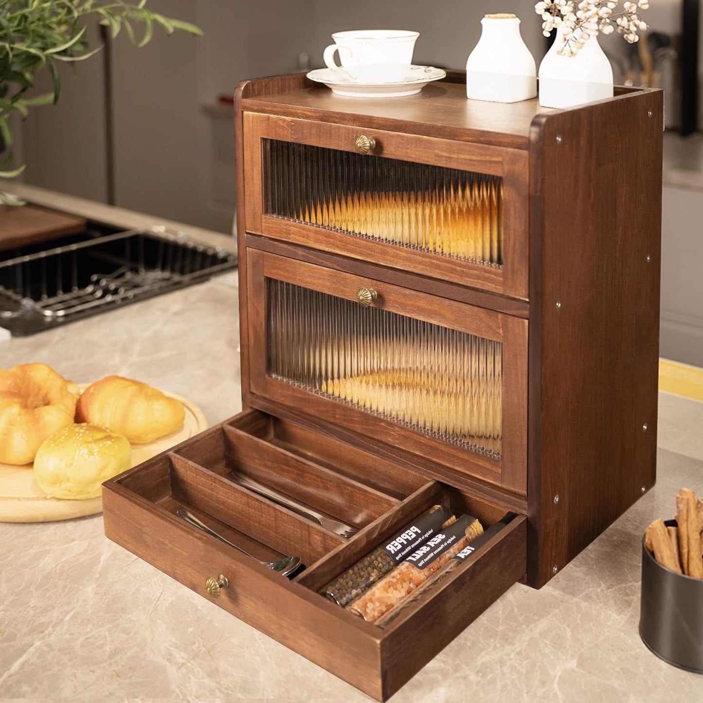 CheerNest Solid Wood Bread Box for Kitchen Countertop with Drawer, 2-Tier Large Wooden Bread Storage Bin with Cutlery Organizer, Farmhouse Bread Keeper for Homemade Bread, Brown (50 Deli Papers)