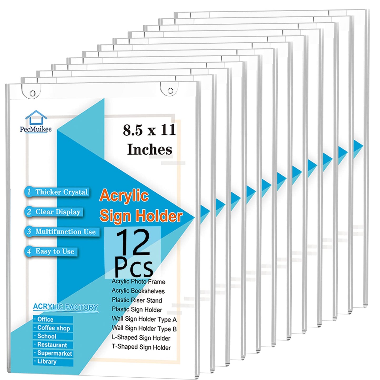 PecMuikee Acrylic Sign Holder 8.5x11 Vertical, Wall Mount Acrylic Sign Holder and Plastic Paper Display Ad Frame bonus with 3M Tape and Mounting Screws for Restaurants, Office, Market, Library, Store, 12 Pcs