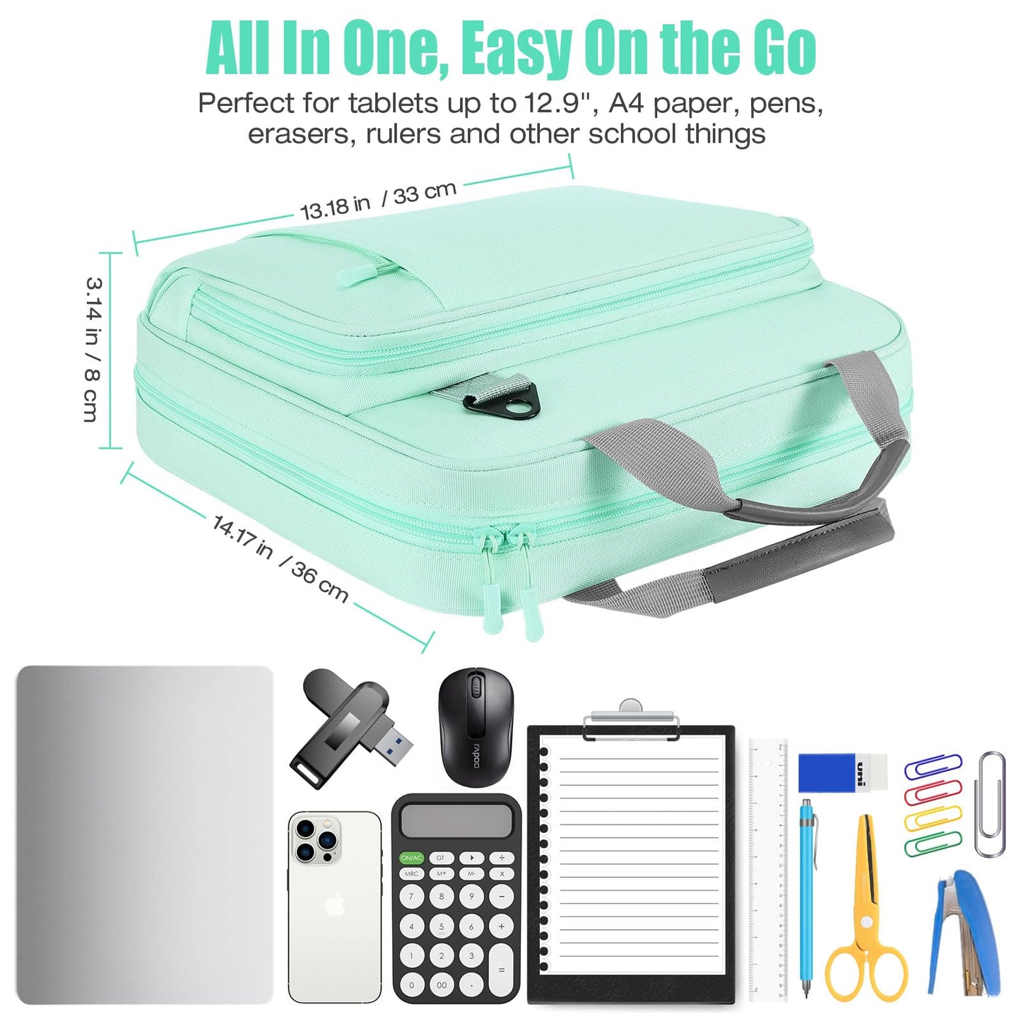 MoKo Zipper Binder, 2 Inch 3 Ring Binder with Zipper, 500 Sheet Capacity Zip Up Binders with Shoulder Strap Handle, Multi-Pocket Zip Up Binders for Middle School Student, Mint Green