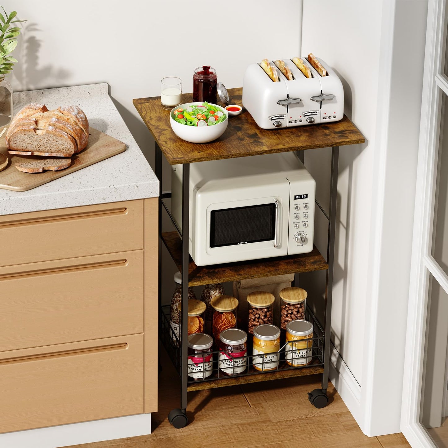 Microwave Stand with Storage, 3-Tier Rolling Kitchen Cart Table with Wire Basket, Wood and Metal Utility Cart on Wheels, Small Coffee Bar Station Cart As Kitchen Island, Microwave Shelf Organizer