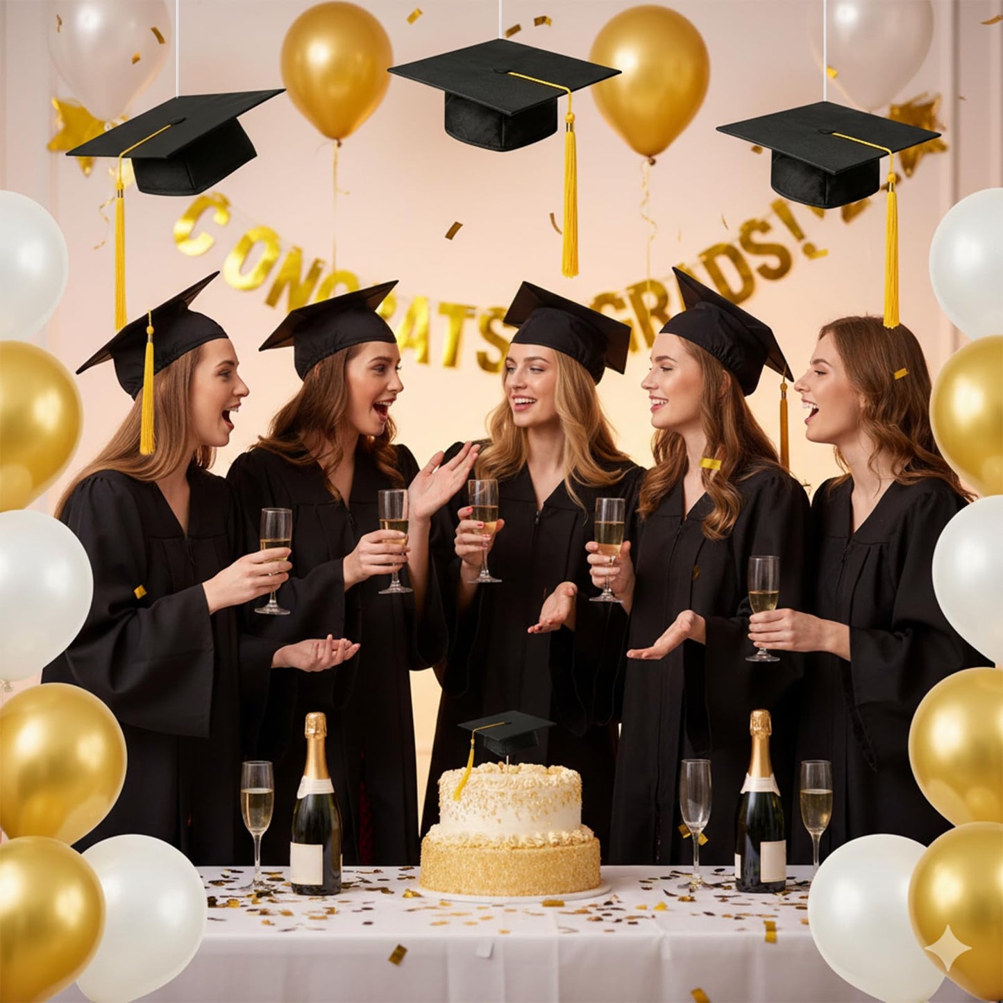 Hanging Graduation Caps Decorations Kits - 6 Class of 2026 Black with Gold Tassel Grad Party Decorations Floating Hats for Classroom, Home, Party Supplies