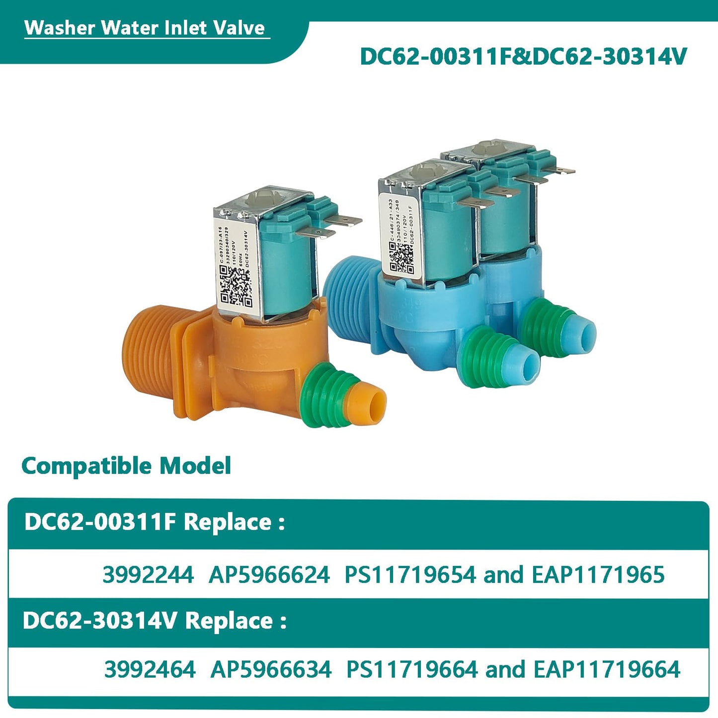 Fixes Leaking & No Water Issues - DC62-00311F DC62-30314V Washer Water Inlet Valve Replacement for Samsung Washing Machine, Hot & Cold Water Inlet Valve for WA45T3200AW WA45N3050AW WA40J3000AW