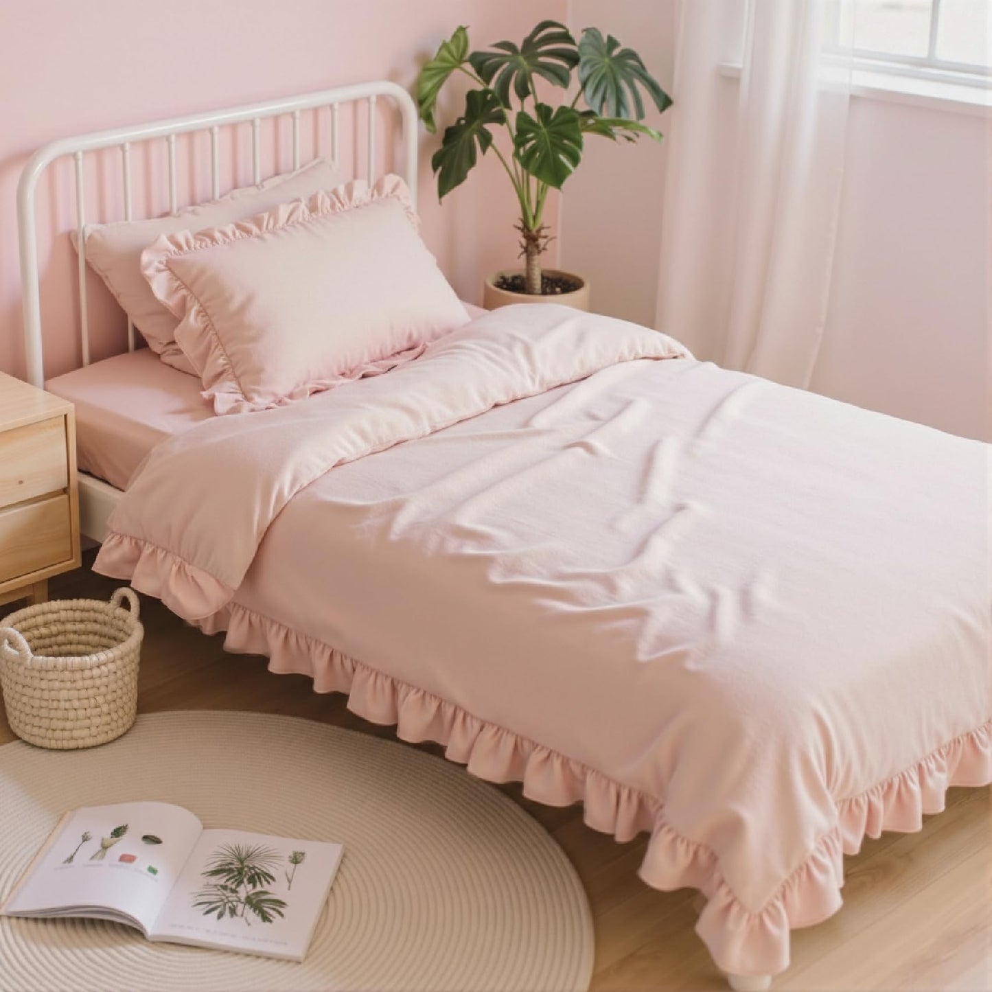 Anluoer Twin Comforter Set 5 Piece for Girl, Pink Bed in a Bag with Sheets, All Season Ruffle Shabby Chic Bedding Sets with 1 Comforter, 1 Pillow Sham, 1 Pillowcase, 1 Flat Sheet, 1 Fitted Sheet