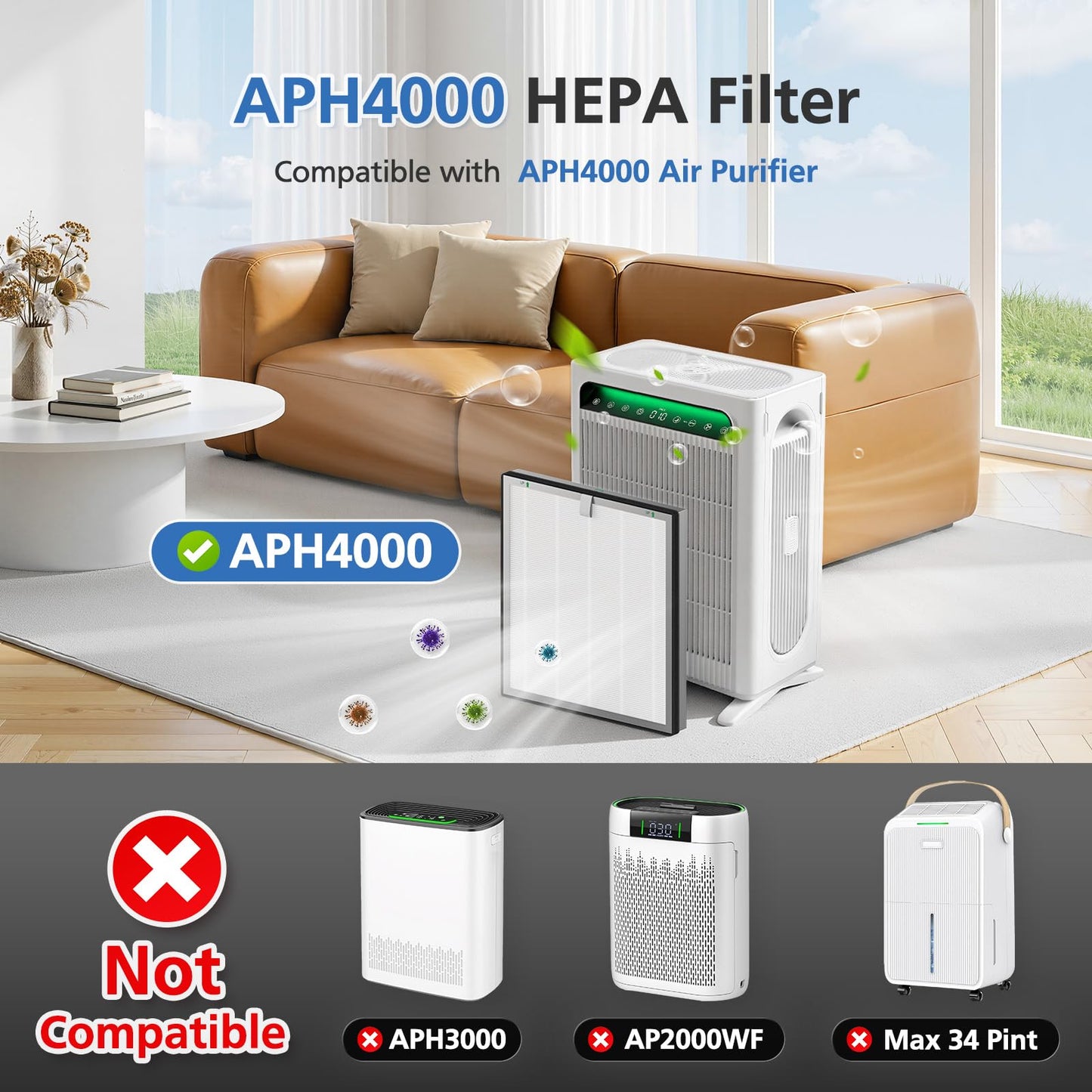 APH4000 Replacement Filter Compatible with KNKA APH4000 Air Purifi-er, 3-IN-1 H13 True HEPA Filter and Activated Carbon Filter for Dust Pollen Pet Dander Odor Smoke, 4 Pack