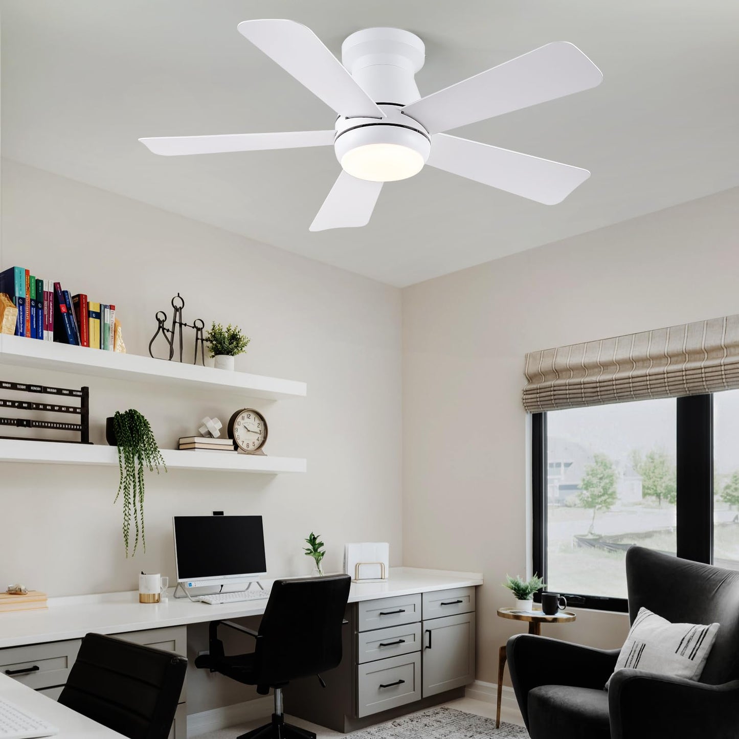 Hounberi 40 Inch White Ceiling Fan with Light and Remote, Low Profile Flush Mount Ceiling Fans, Quiet Reversible Motor, 3-Color Dimmable LED, Modern Indoor Fan for Bedroom, Living Room & Low Ceilings