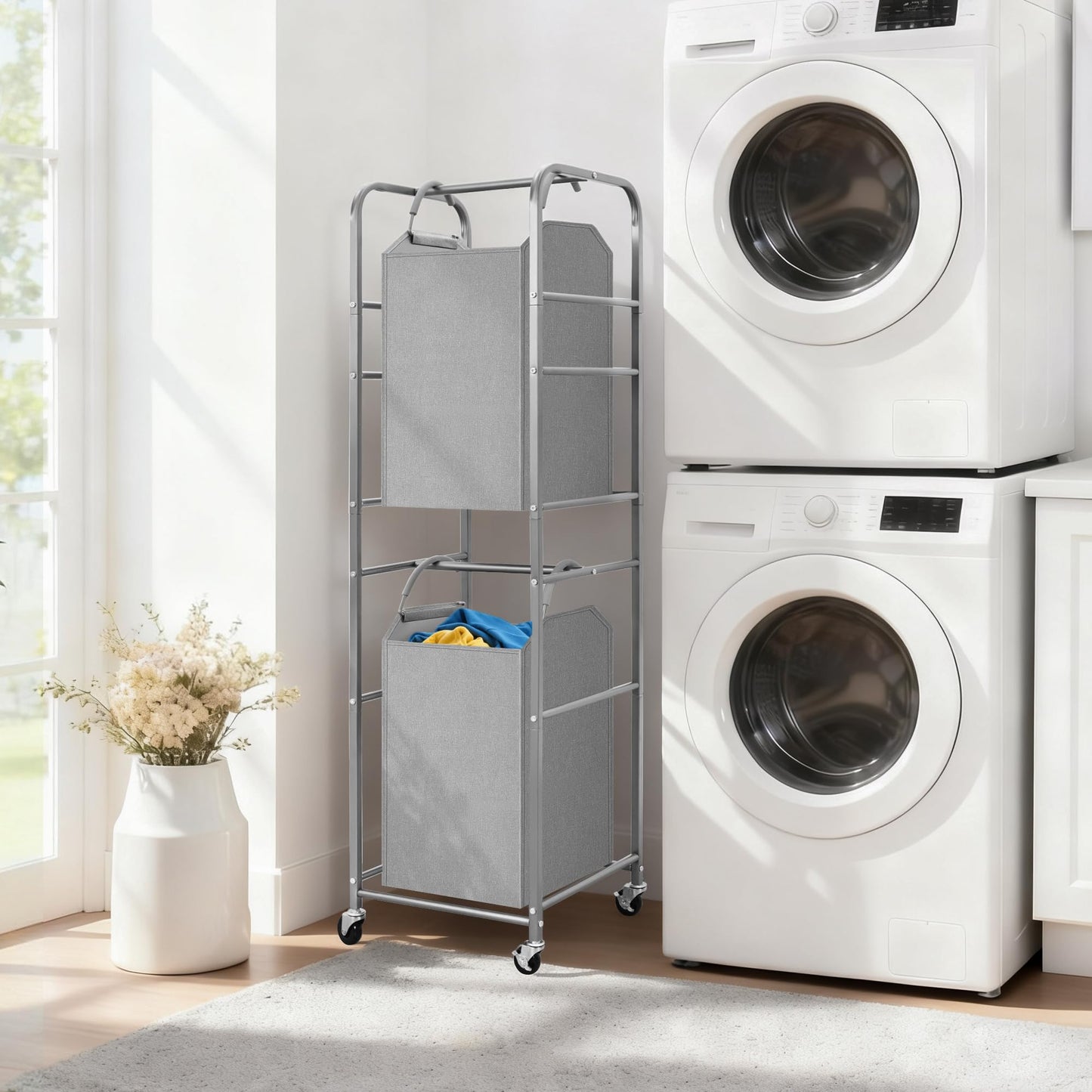 STORAGE MANIAC 2 Tier Vertical Laundry Hamper, 2 Section Laundry Sorter with 2 Removable Tote Bags, Rolling Clothes Basket for Towels, Blankets, Tall Dirty Clothes Hamper for Closet, Bathroom, 2 Bags