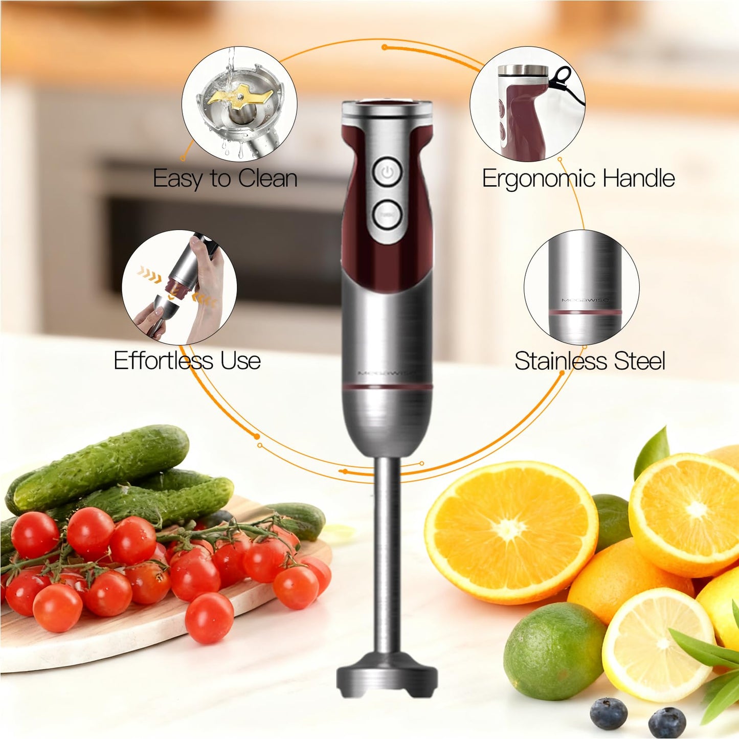 MegaWise Pro Titanium Reinforced 5-in-1 Immersion Hand Blender, Powerful Motor with 80% Sharper Blades, 12-Speed Corded Blender, Including 500ml Chopper, 600ml Beaker, Whisk and Milk Frother (Red)