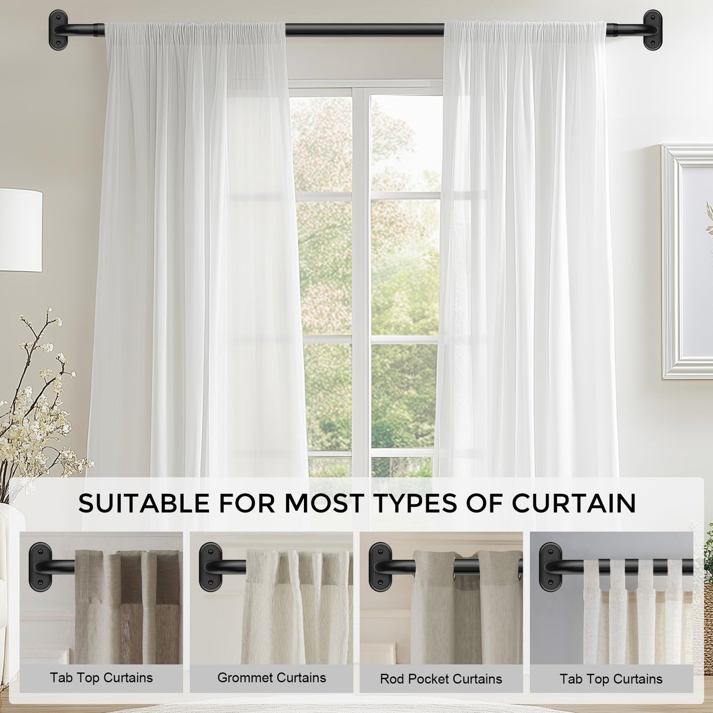 JRZOO 2 Pack Wrap Around Curtain Rods Black, Blackout Heavy Duty Curtain Pole for Windows 48 to 84 Inch, 1" Decorative Room Darkening Curved Modern Drapery Rod (Matte Black/Unique Design/All Metal)