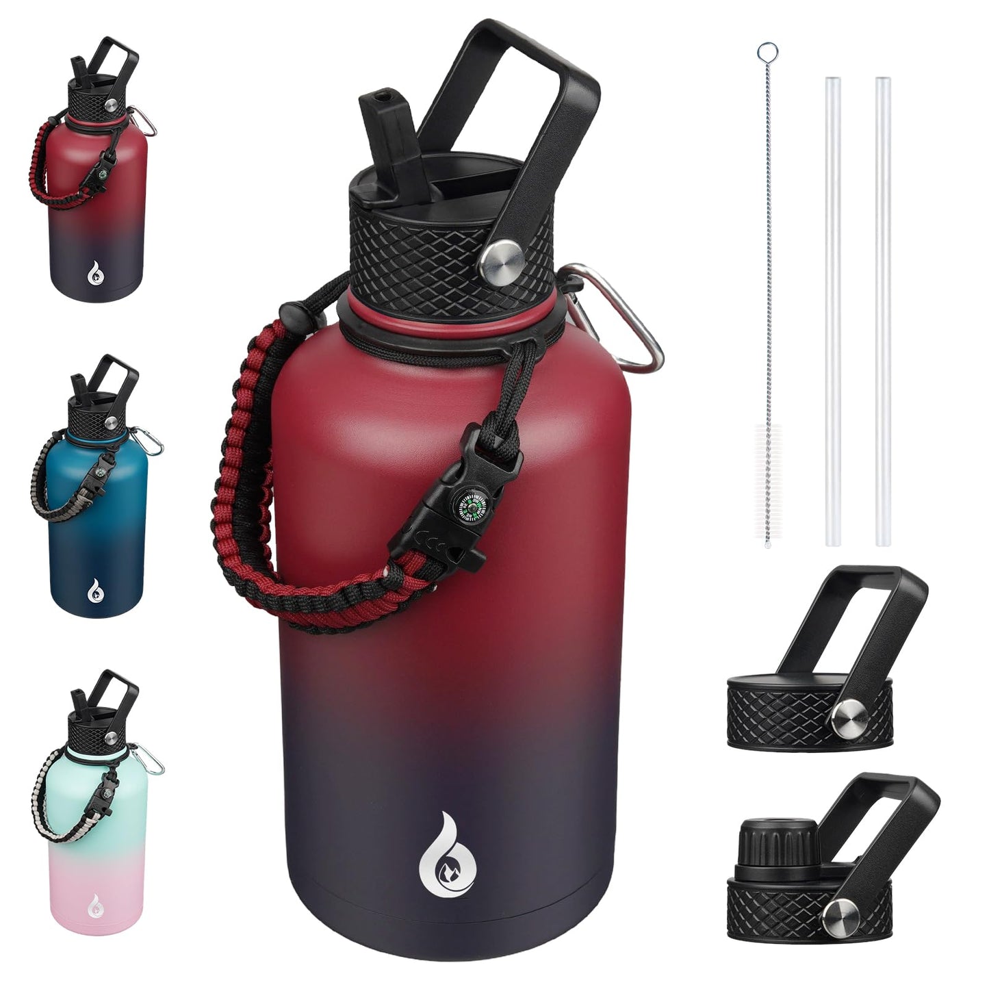 BJPKPK Half Gallon Insulated Water Bottles with 3 Lids and Paracord Strap, 64oz Large, Stainless Steel Water Bottles with Straw Lid, Half Gallon Water Jug,Charming Red